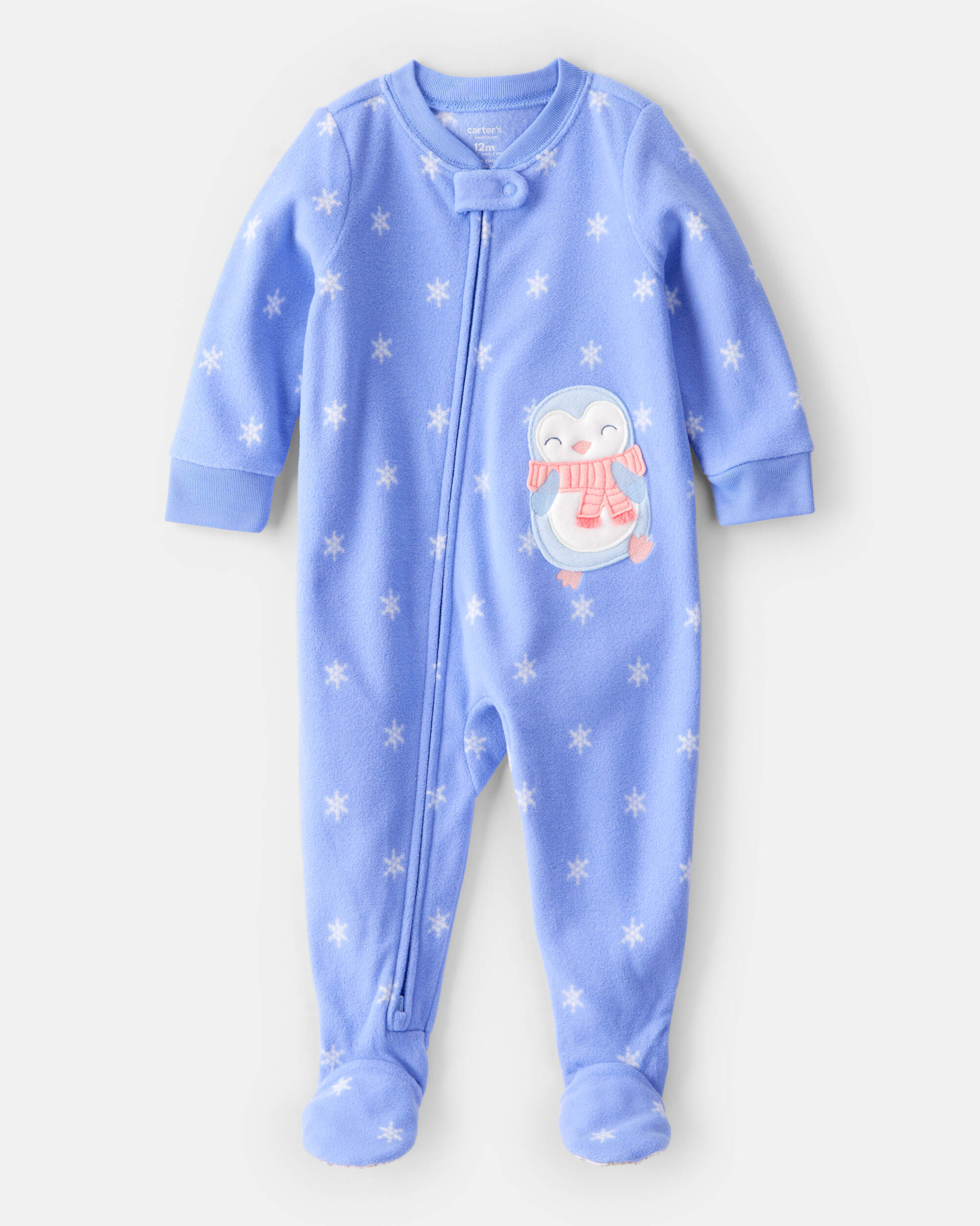 Baby Girl Penguin Print Fleece Long-Sleeve Loose Fit 1-Piece pyjamas - Blue