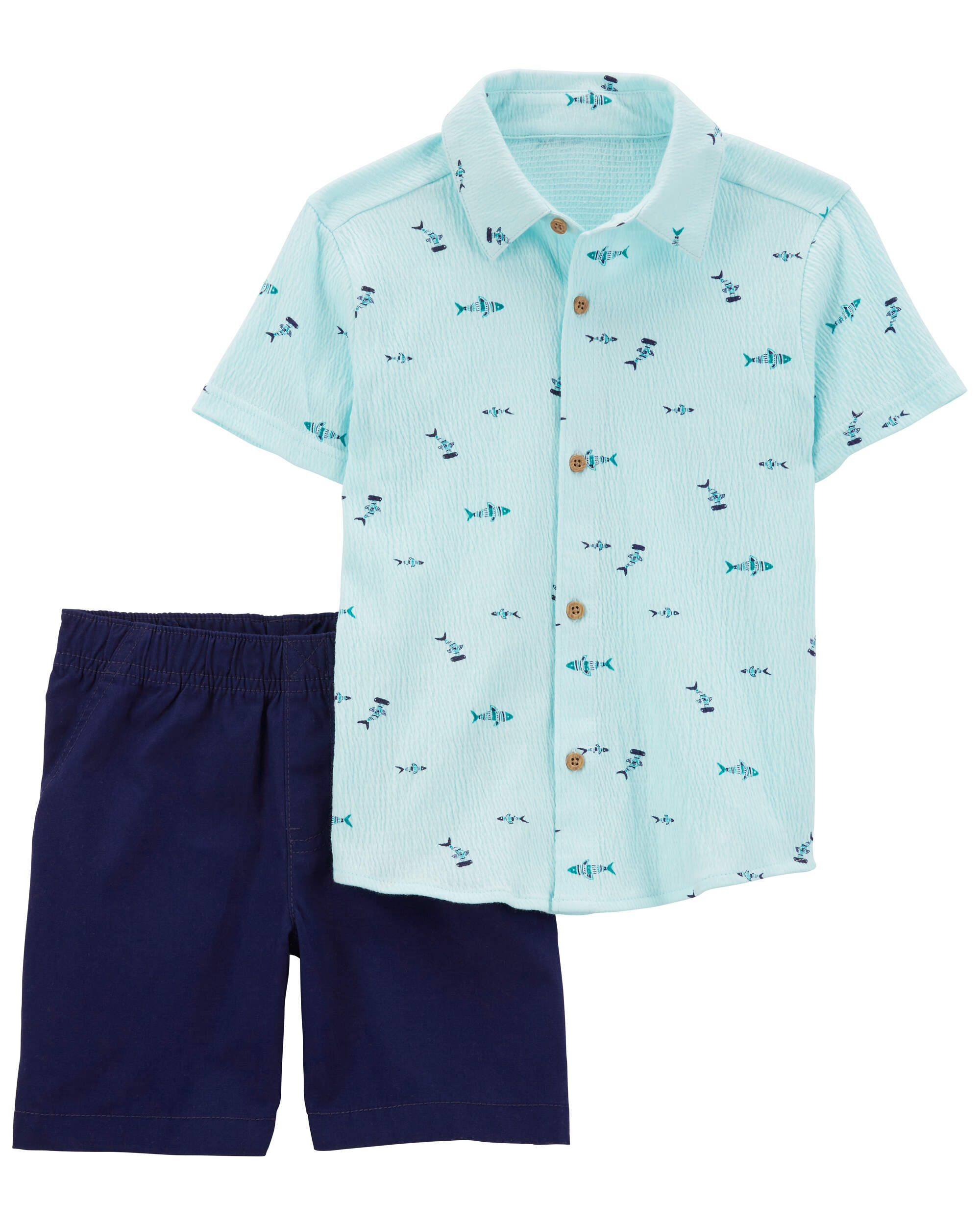 2-Piece Fish Button-Front Shirt & Short Set