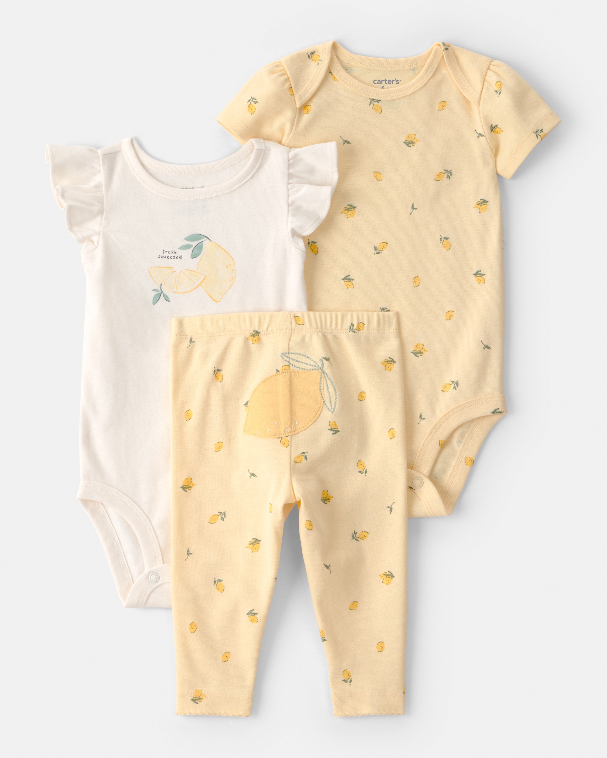 Baby Girl 3-Piece Lemon Bodysuits & Pant Set - Yellow/White