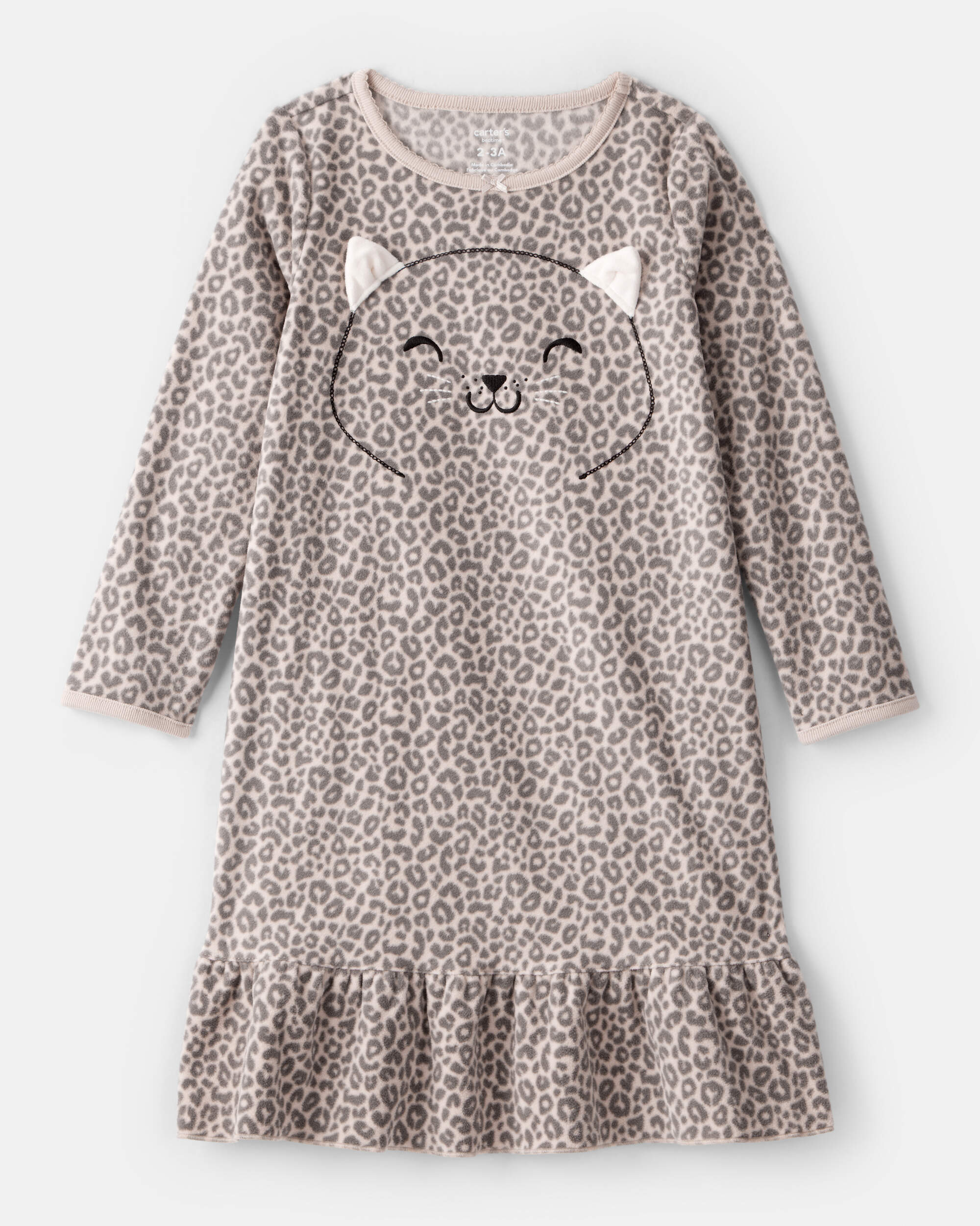 Girls Leopard Print Fleece Long-Sleeve Loose Fit Night Gown - Brown