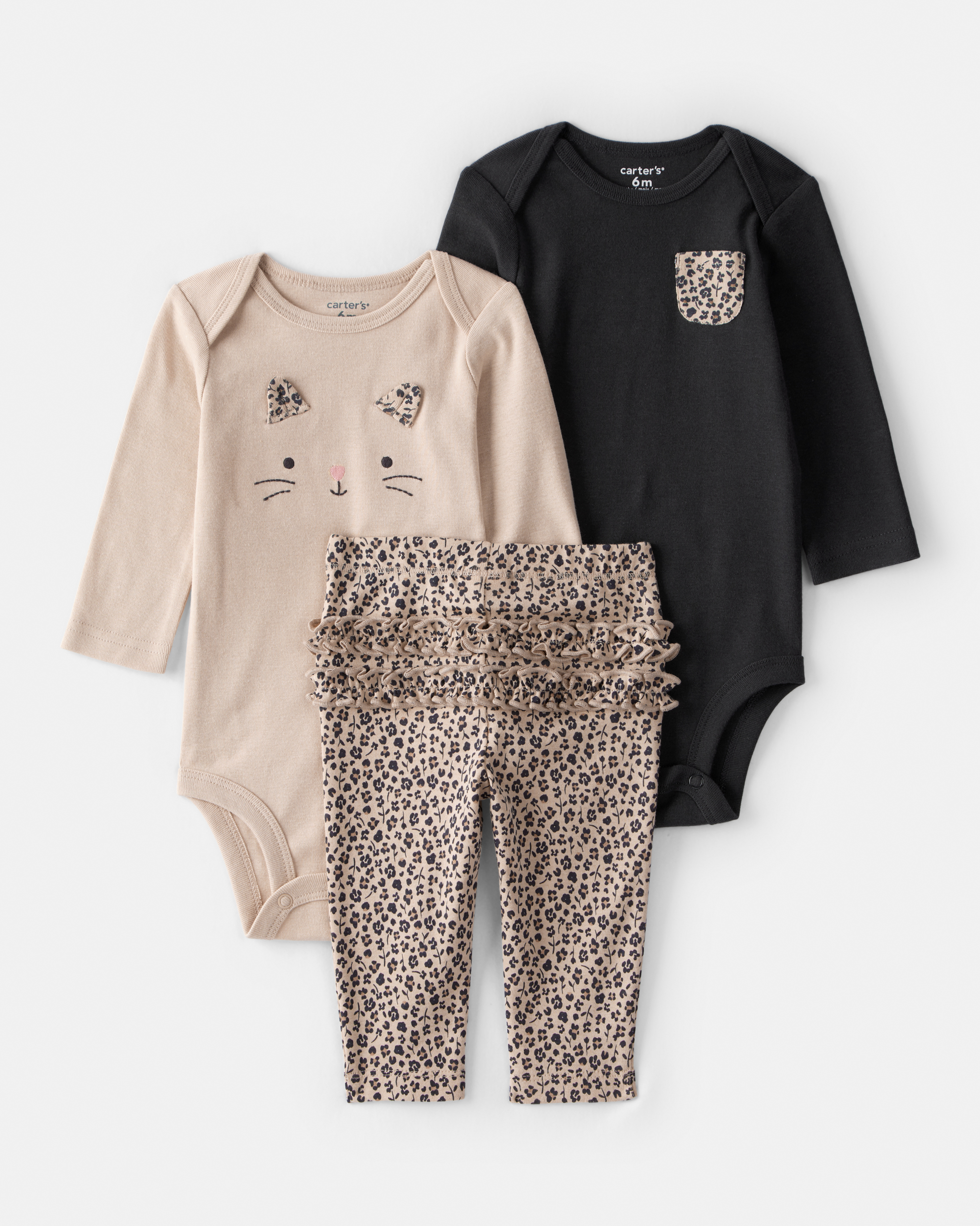 Baby Girl 3-Piece Cheetah Print Long-Sleeve Bodysuit & Pant Set