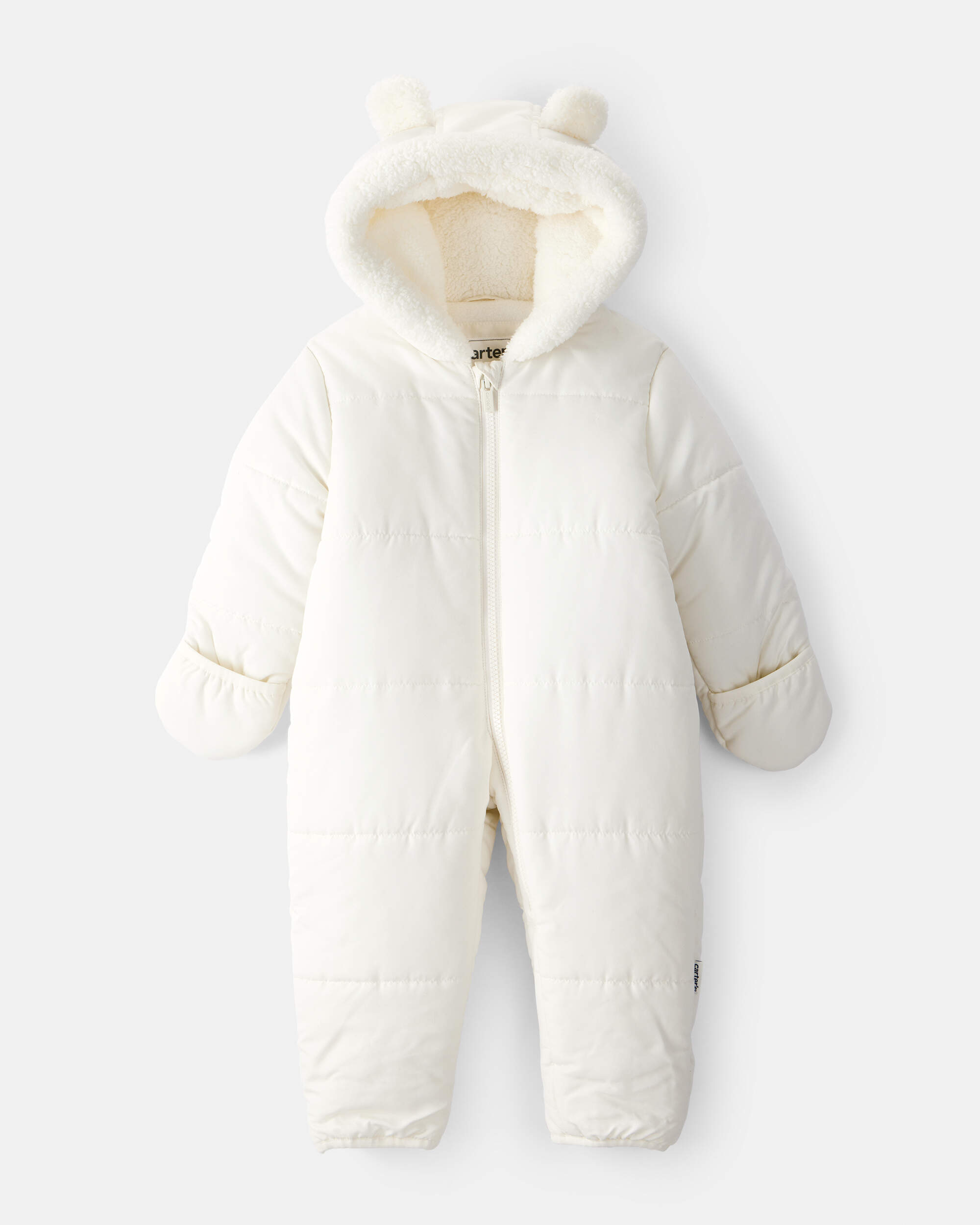 Baby Girl 1-Piece Bear Ears Hooded Pram Snowsuit - Cream