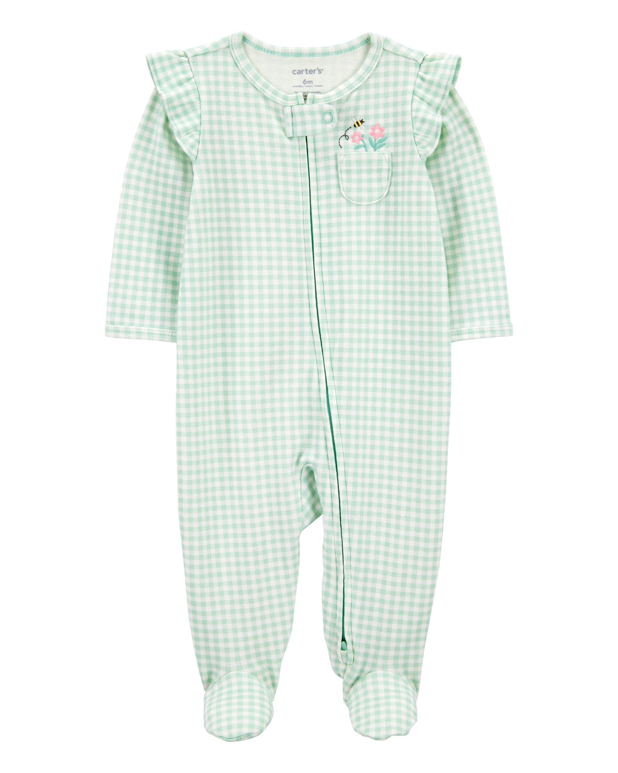 Baby Gingham 2-Way Zip Cotton Sleeper Pyjamas - Green
