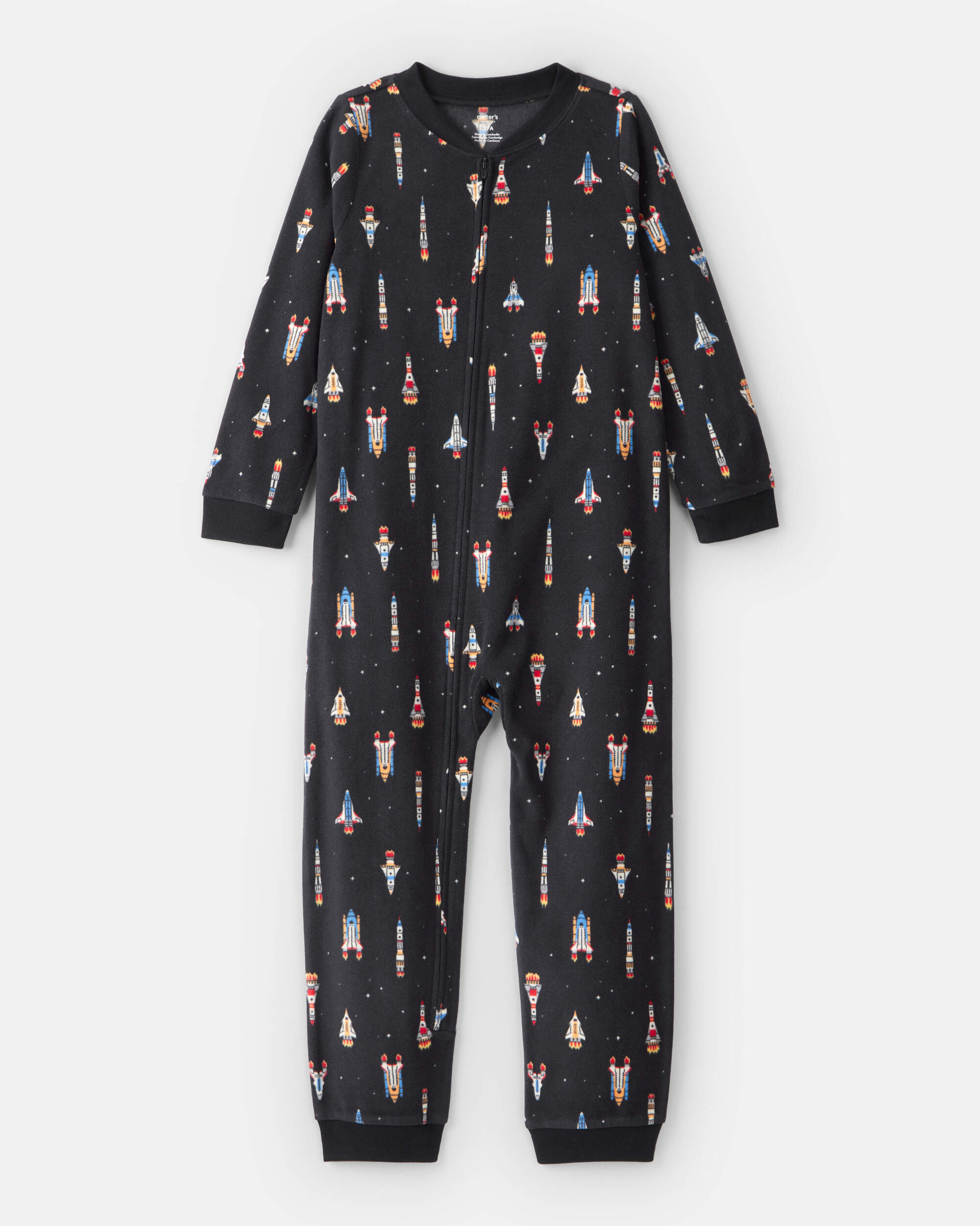 Boys Rocket Ship Print Fleece Long-Sleeve Loose Fit 1-Piece Pajamas - Black