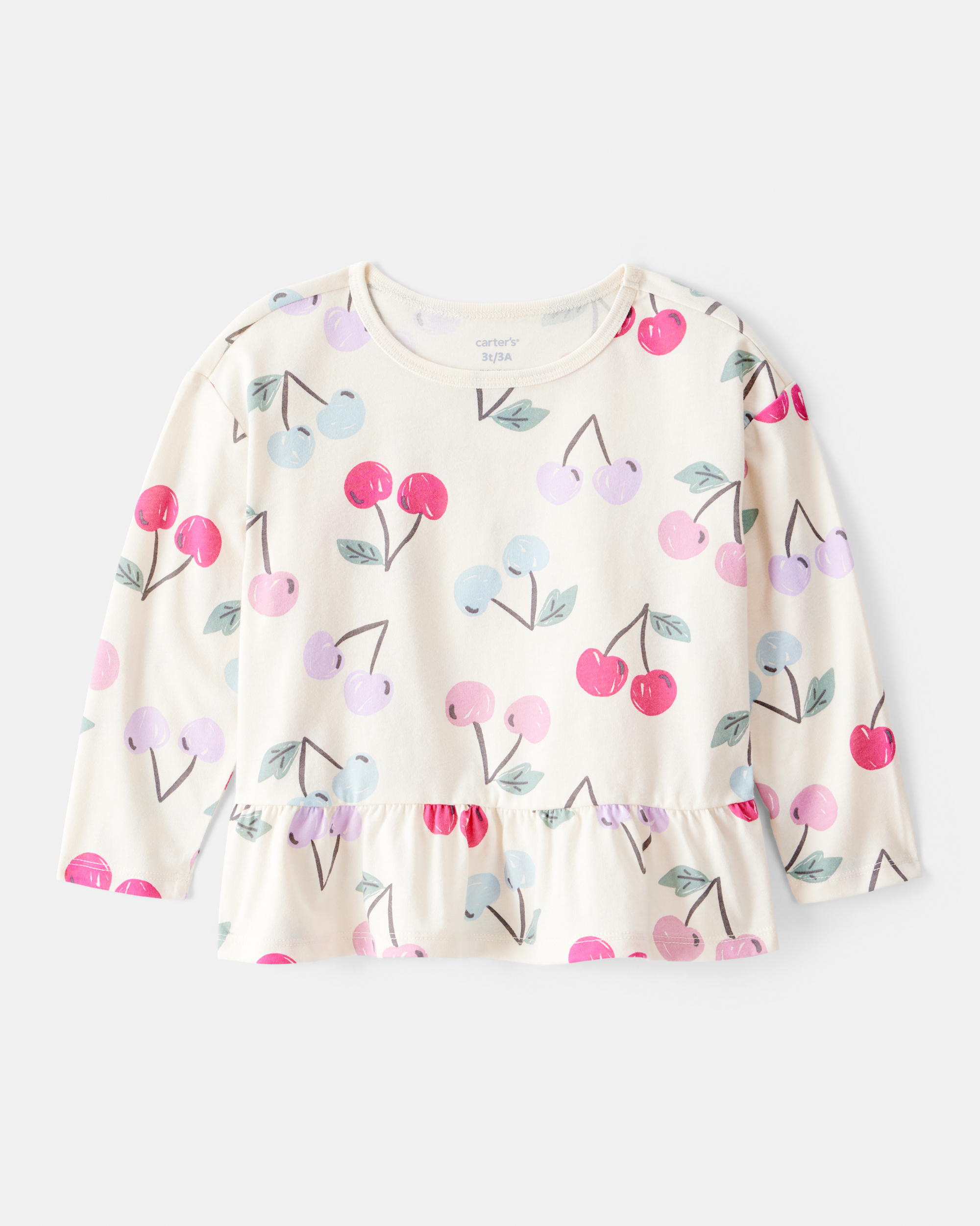 Toddler Girl Cherry Long-Sleeve Peplum Top - White