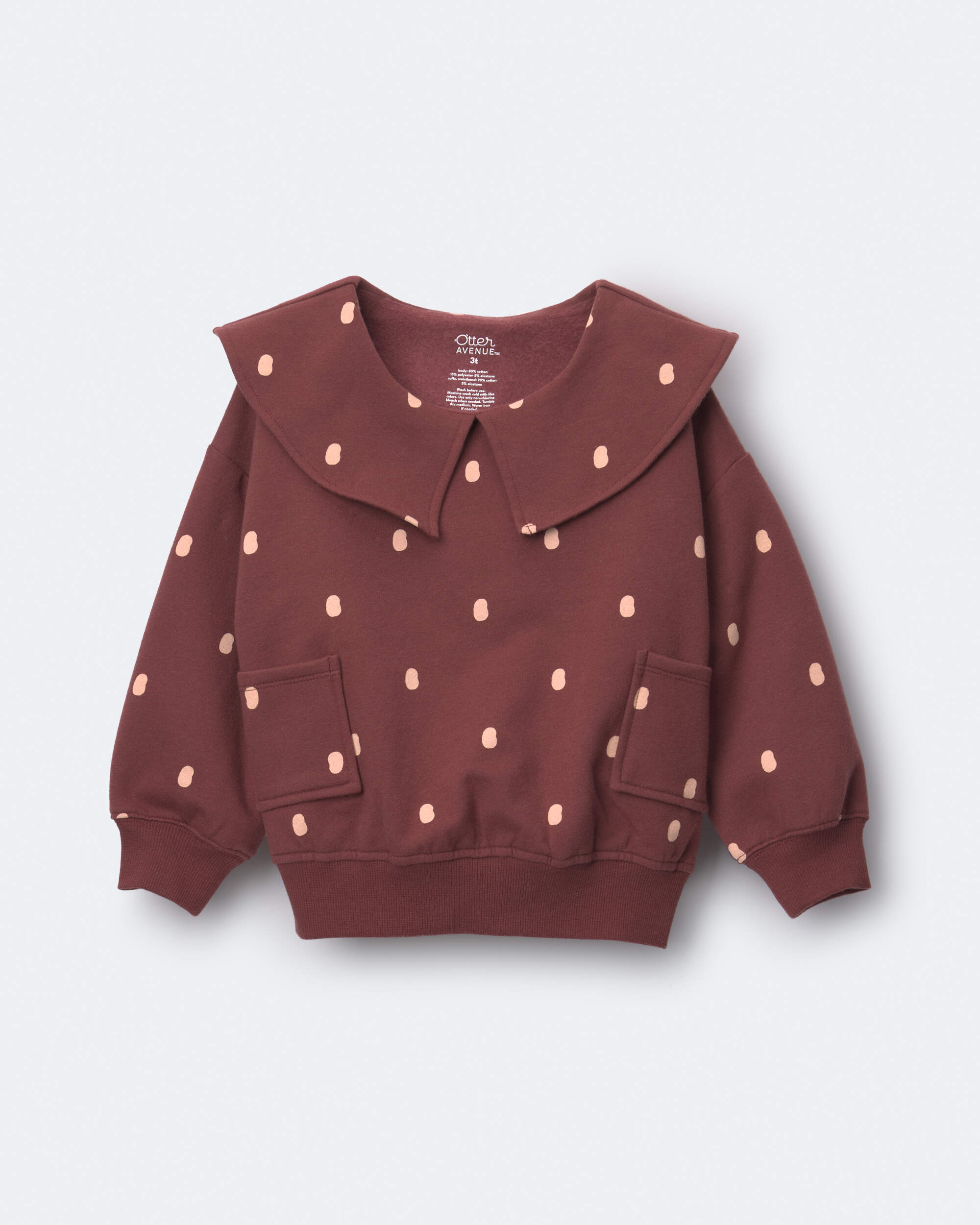 Toddler Girl Peter Pan Collar Pullover with Otter Pockets Polka Dots - Burgundy