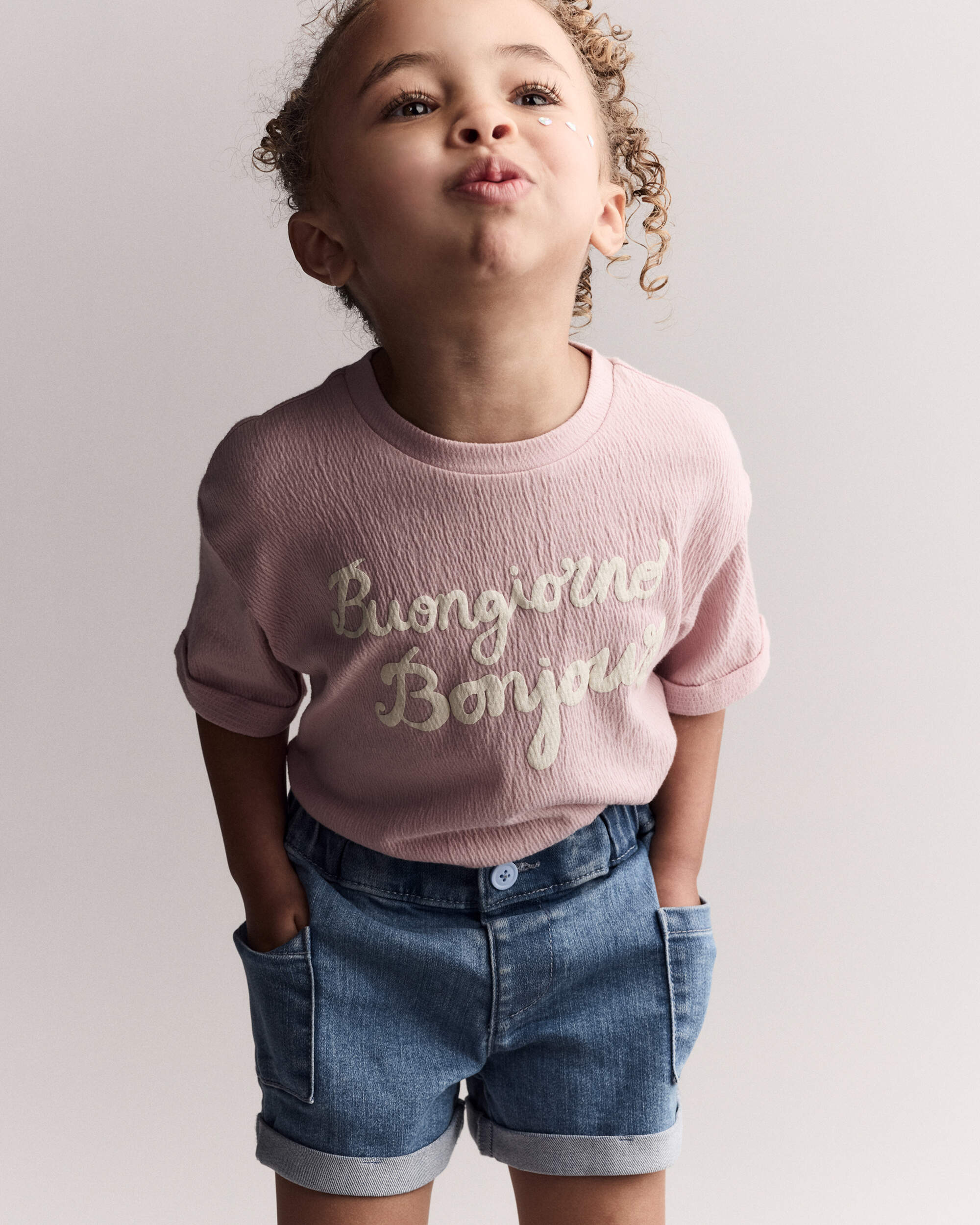 Toddler Girl 'Buongiorno, Bonjour' Rolled Cuff Tee - Light Pink