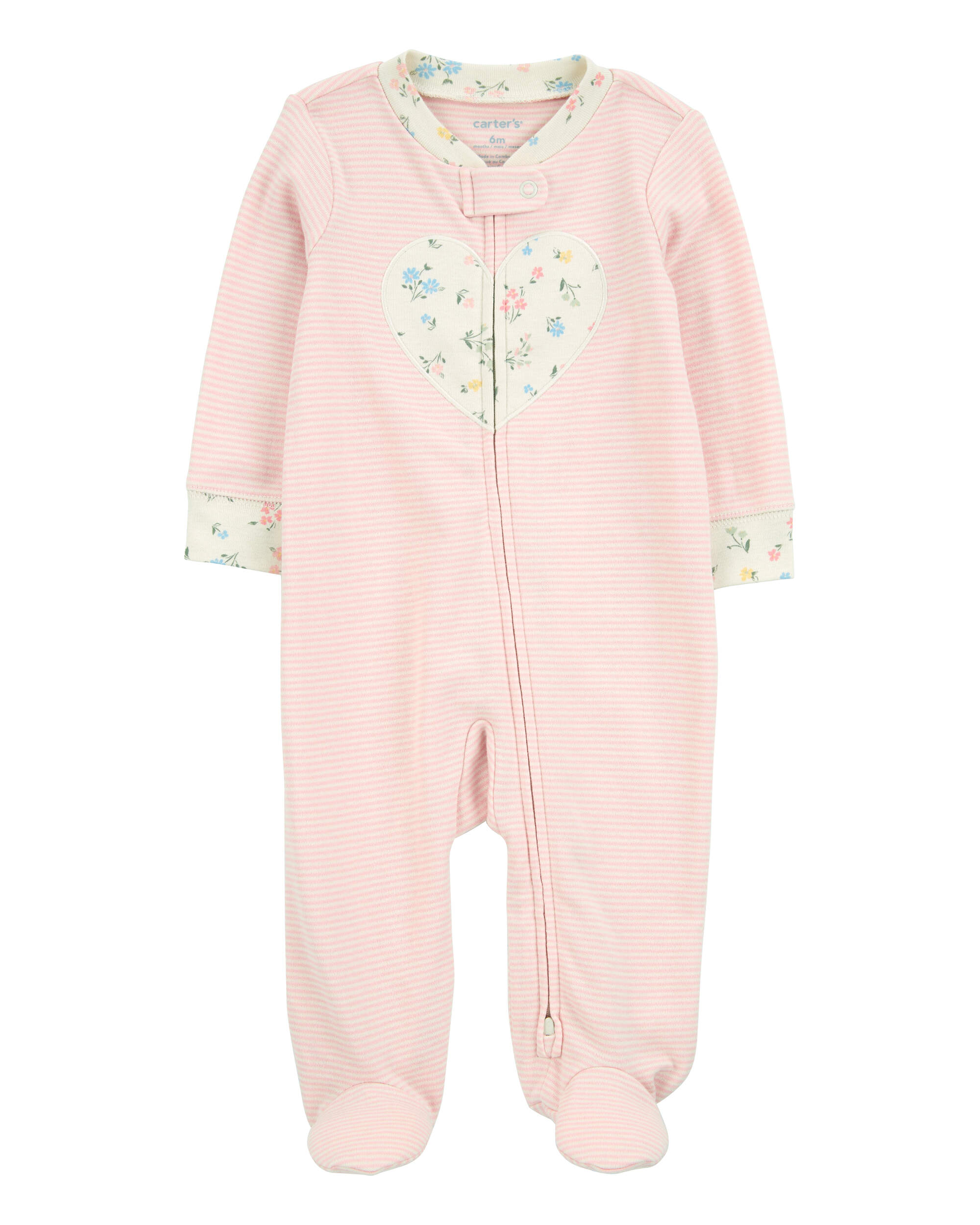 Baby Heart Striped 2-Way Zip Cotton Sleeper Pyjamas - Pink