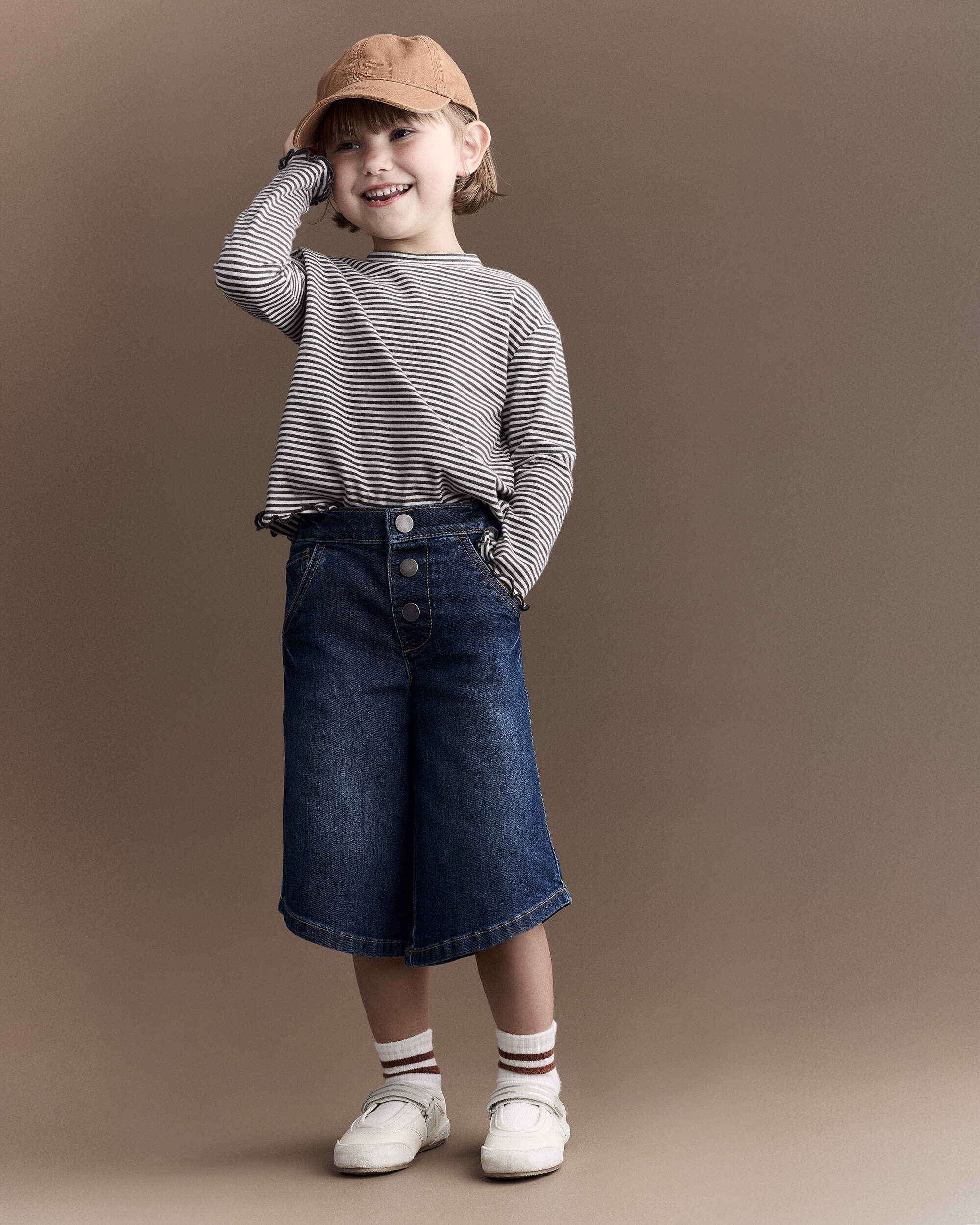 Toddler Girl Striped Ruffle Edge Long-Sleeve Top - Dark Grey/Ivory