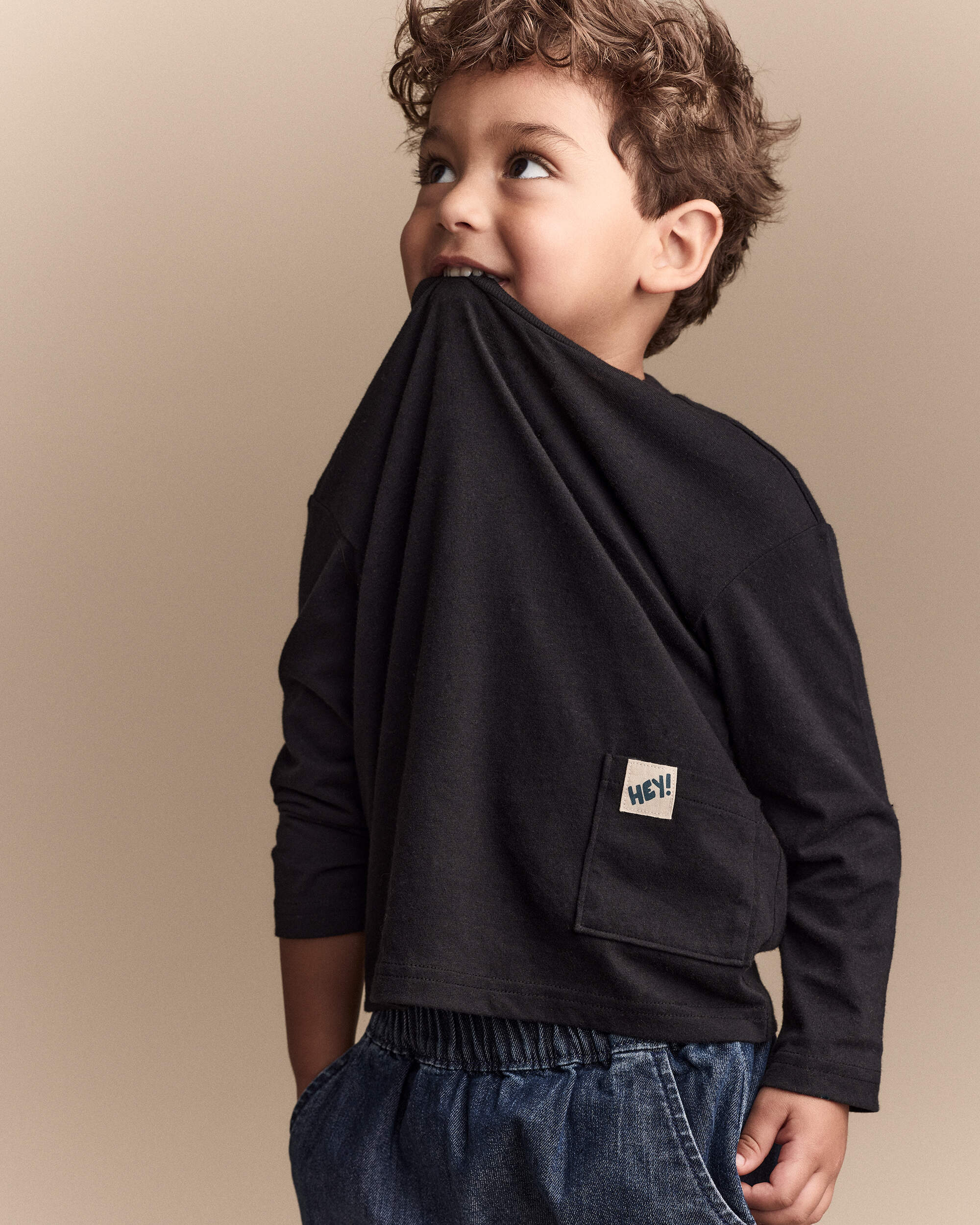 Toddler Hey Long-Sleeve Pocket Graphic Tee - Black