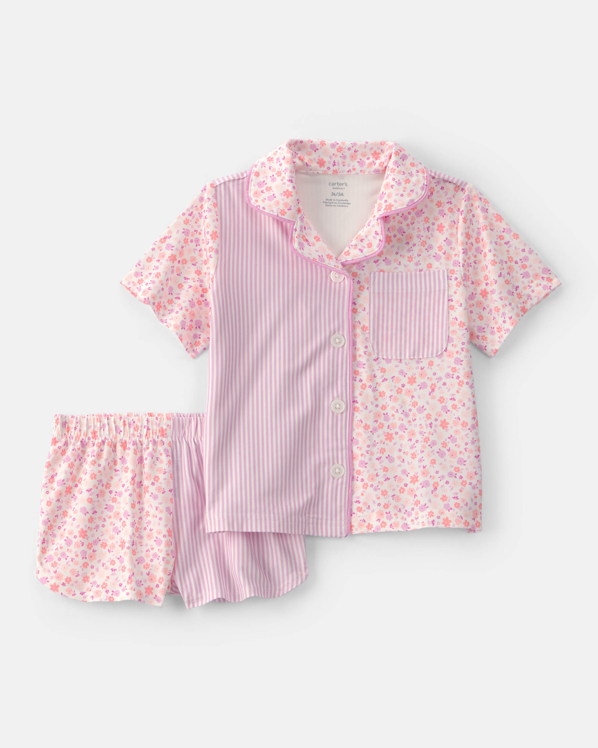 Toddler Girl Floral Striped Short-Sleeve Loose Fit 2-Piece pyjama Set - Pink