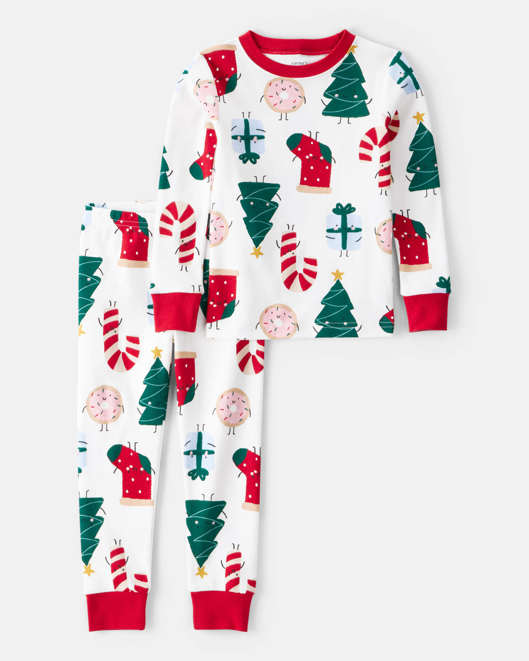 Toddler Santa Print 100% Cotton Long-Sleeve 2-Piece Pyjamas - White