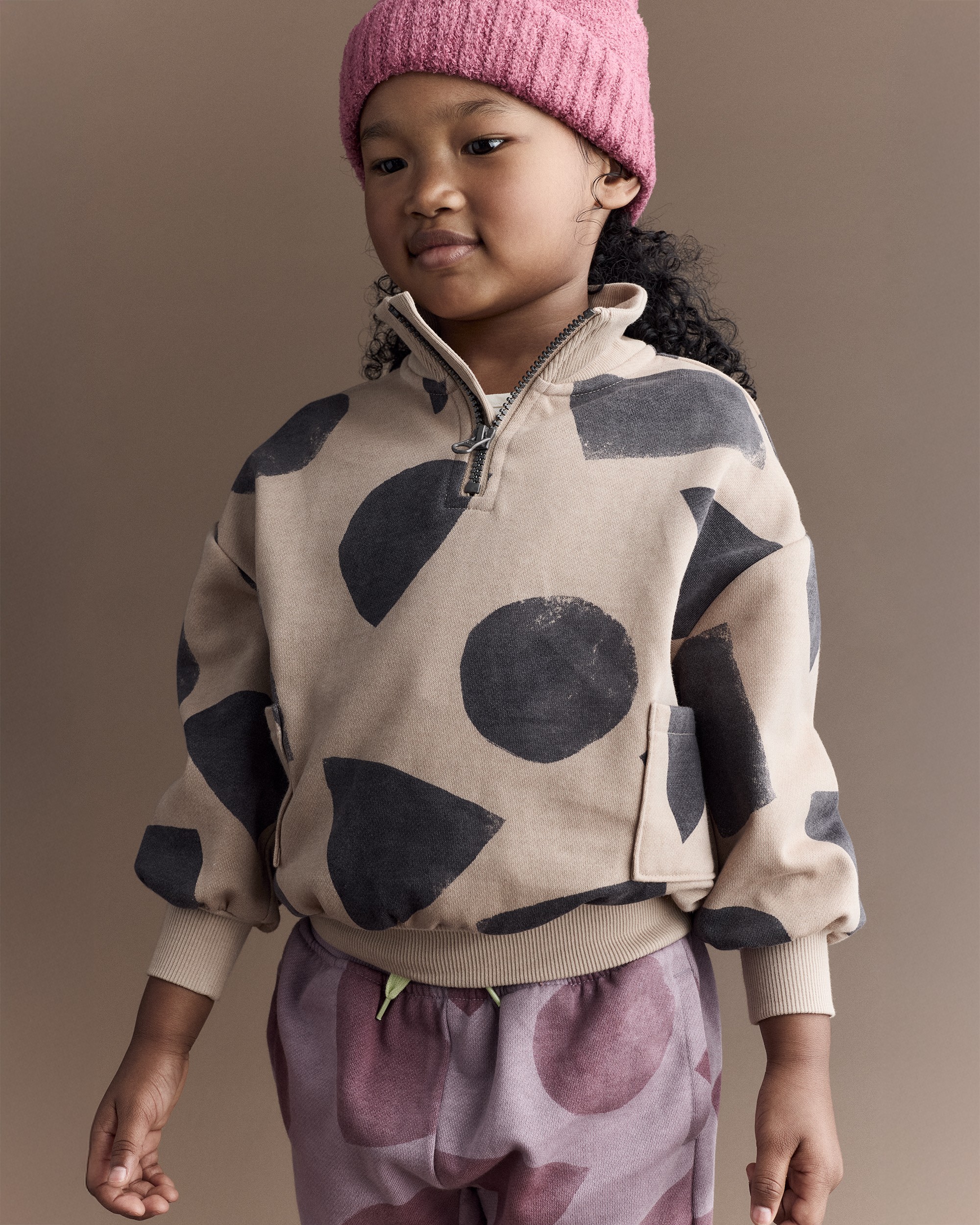 Toddler Boy Quarter-Zip Sweatshirt with Shapes - Khaki