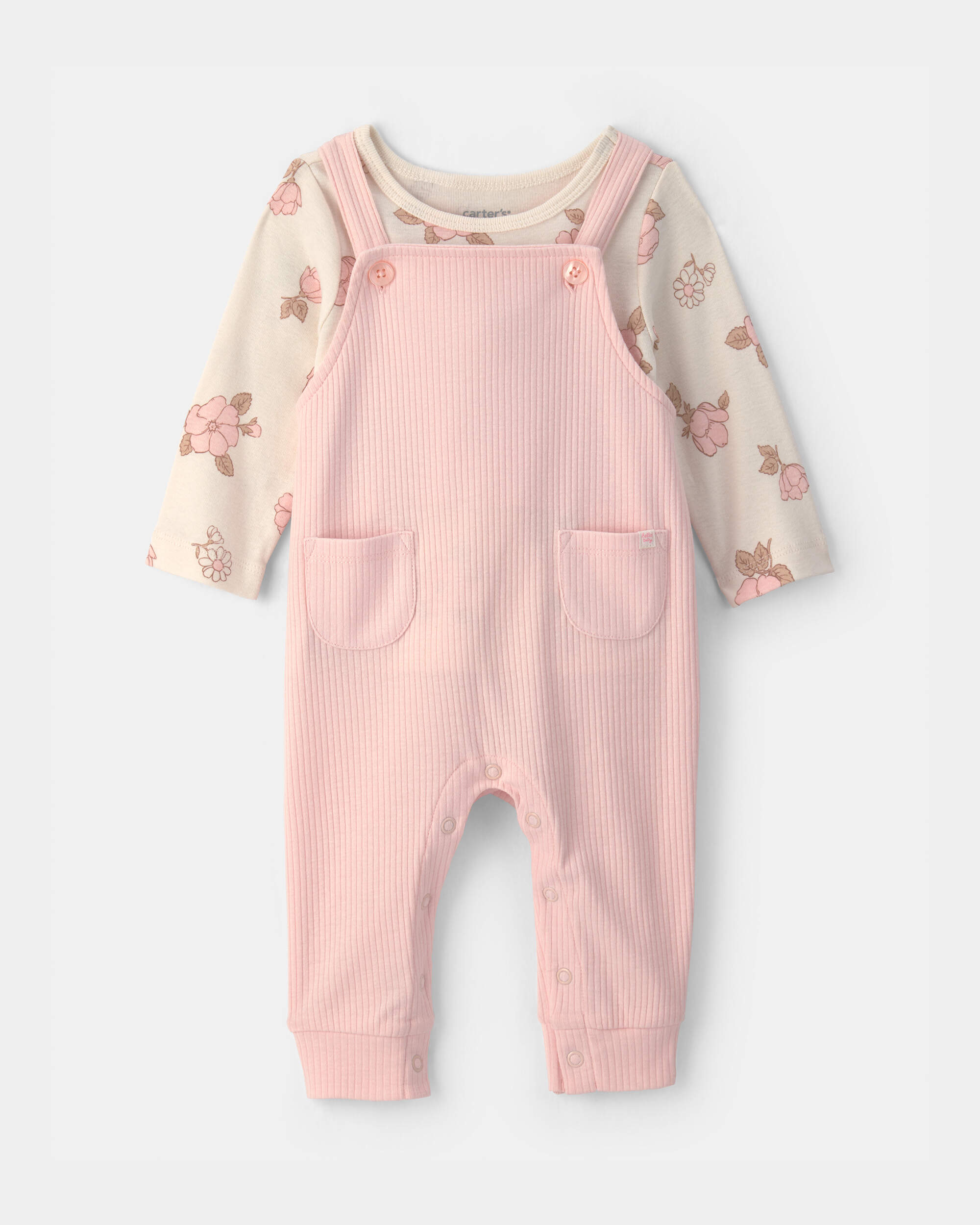 Baby Girl 2-Piece Floral Overall Set - Pink/Ivory