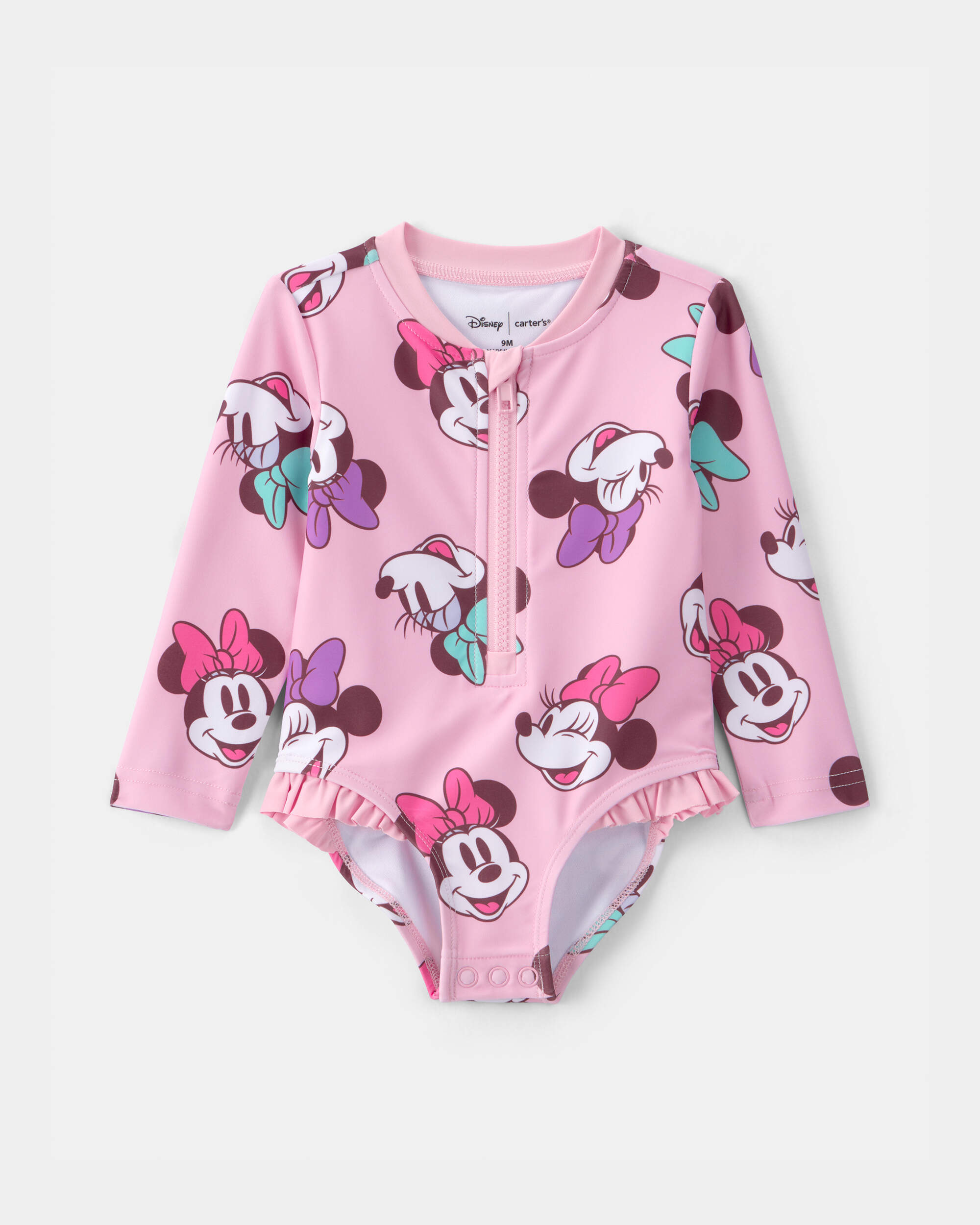 Baby Girl Disney© Minnie Mouse Gingham Long-Sleeve 1-Piece Swimsuit - Pink