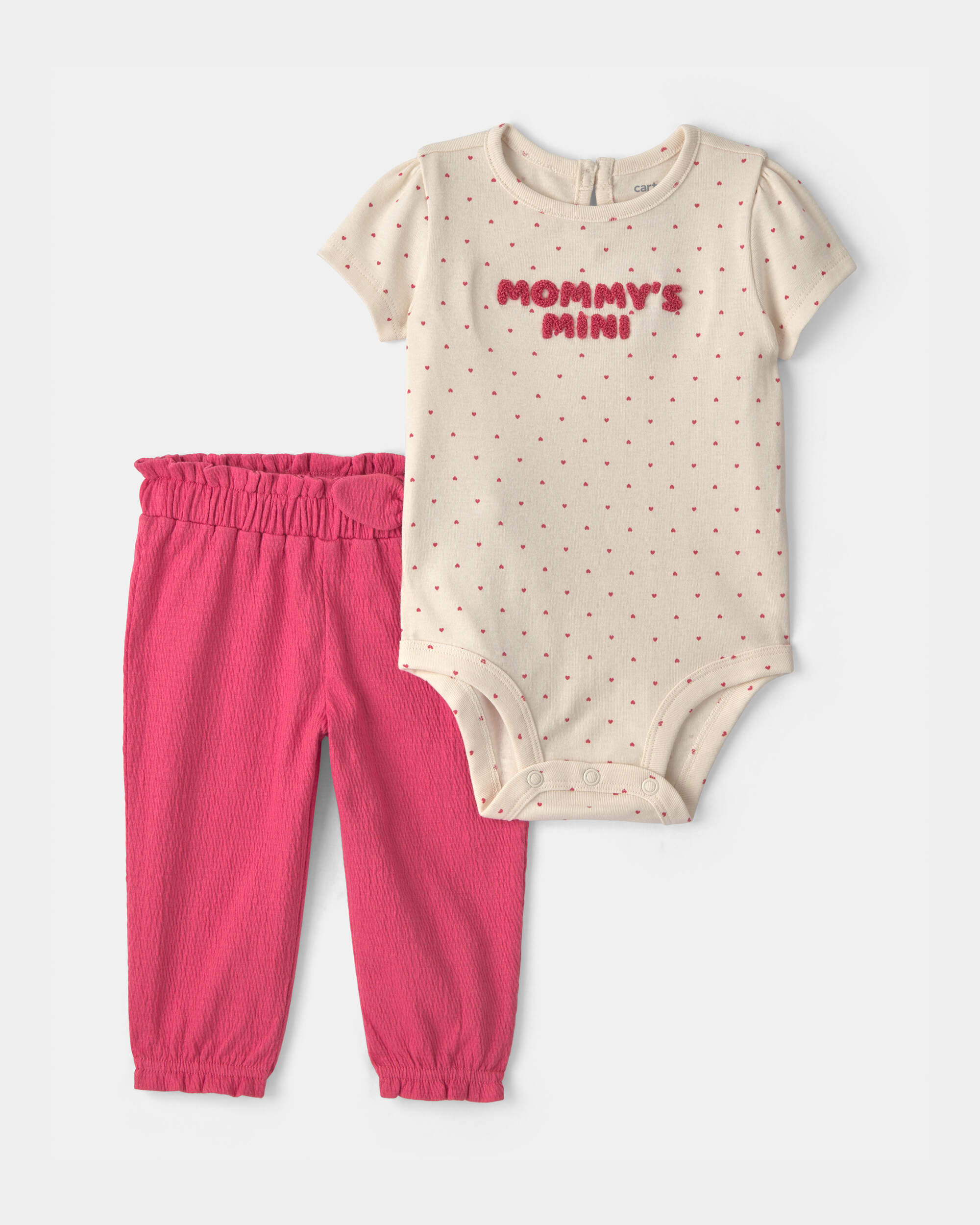 Baby Girl 2-Piece 'Mommy's Mini' Heart Bodysuit & Pant Set - Pink/Ivory
