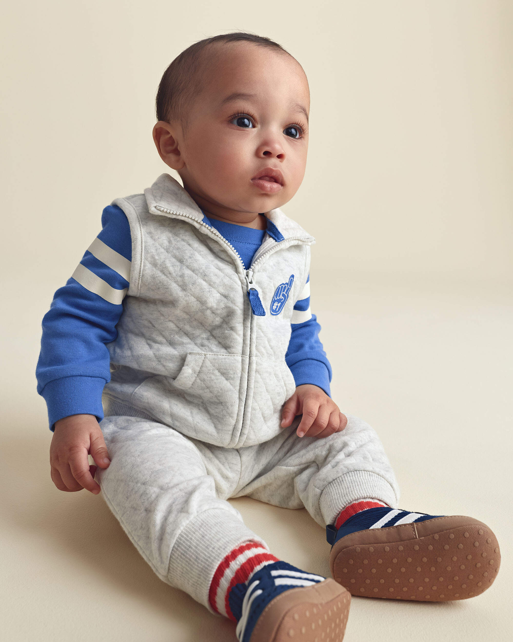 Baby Boy 3-Piece Varsity Quilted Layering Set - Grey/Blue
