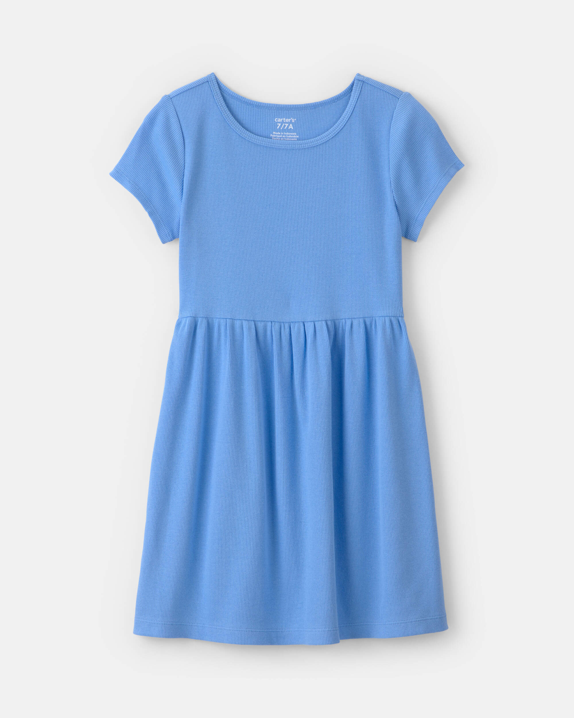 Girls Rib Short-Sleeve Dress - Blue