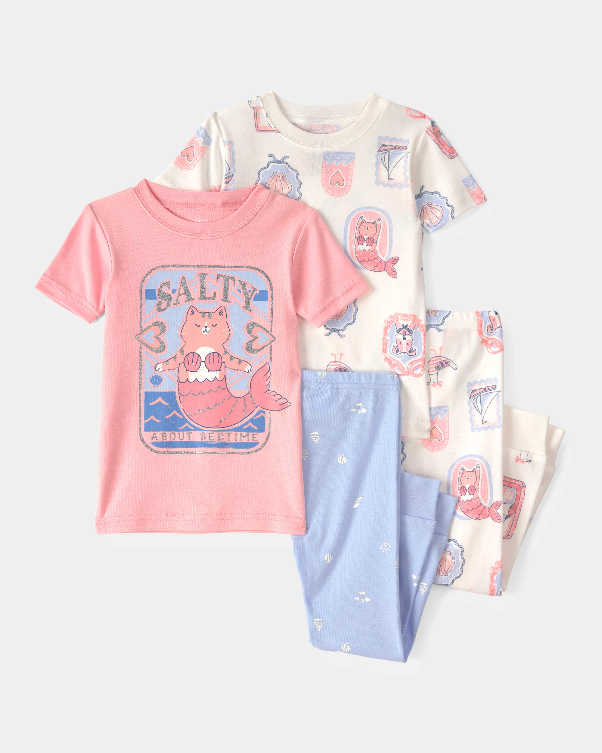 Toddler Girl Mermaid Cat 100% Cotton Snug Fit 4-Piece Pyjama Set - Pink/Ivory