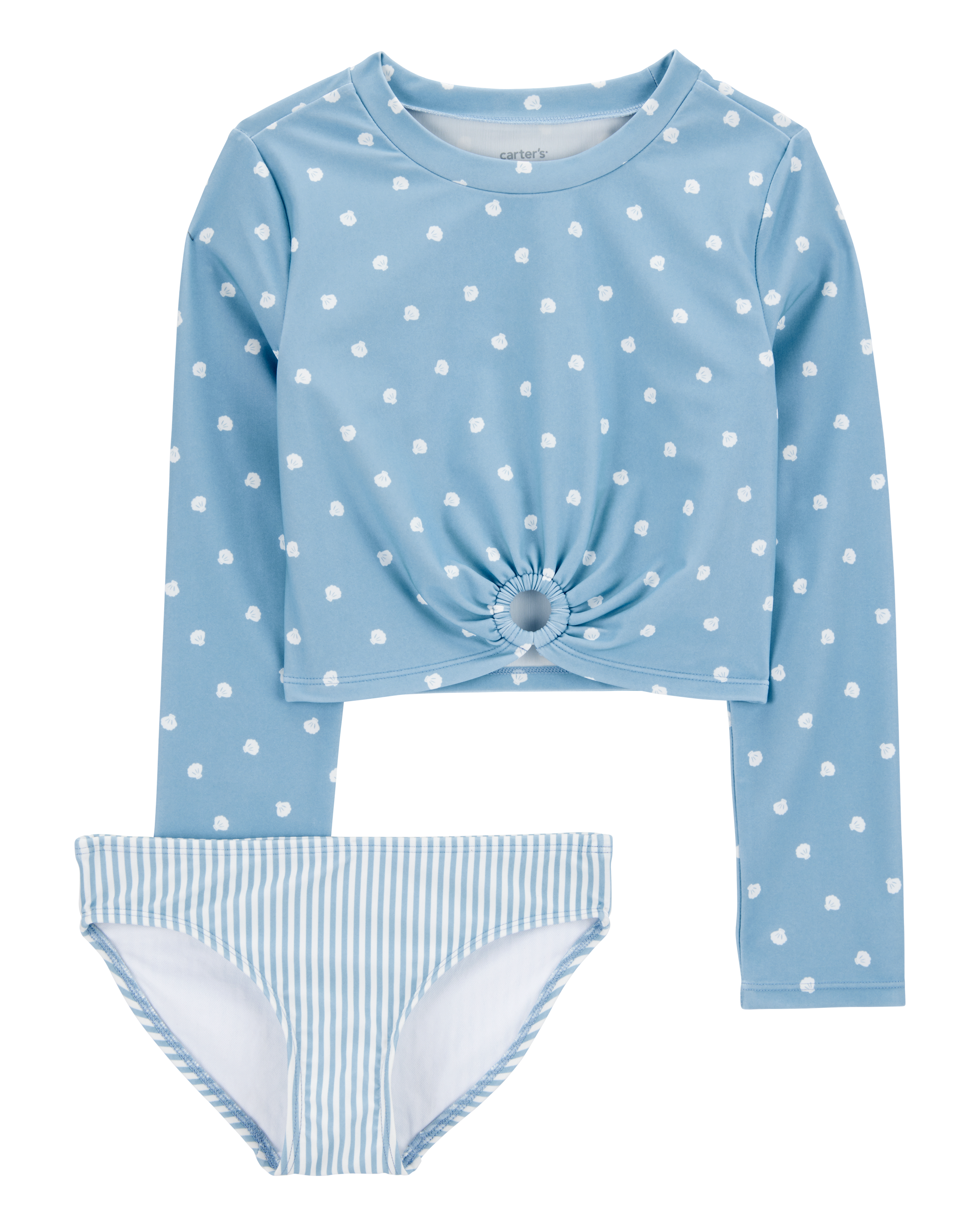 Kid 2-Piece Shell Striped Long-Sleeve Rashguard Swim Set - Blue