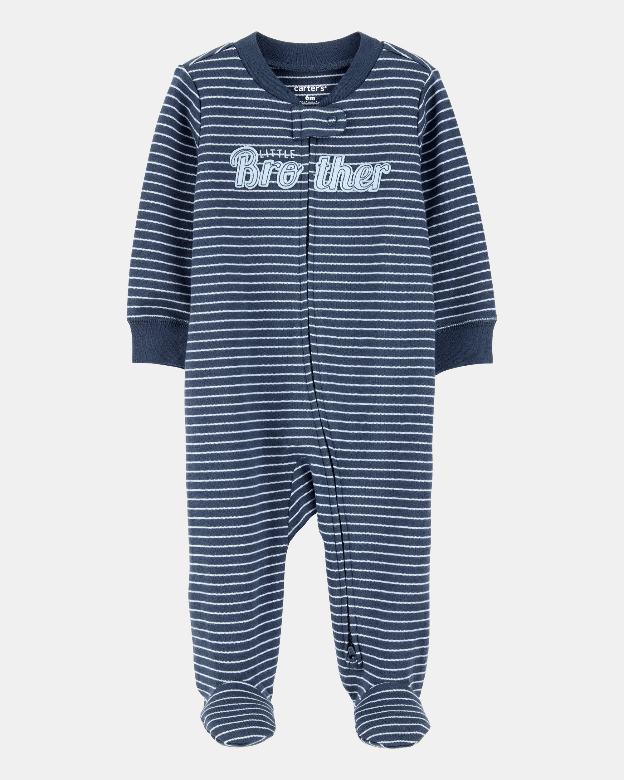 Baby Boy Striped Little Bro 2-Way Zip Cotton Sleeper - Navy Blue