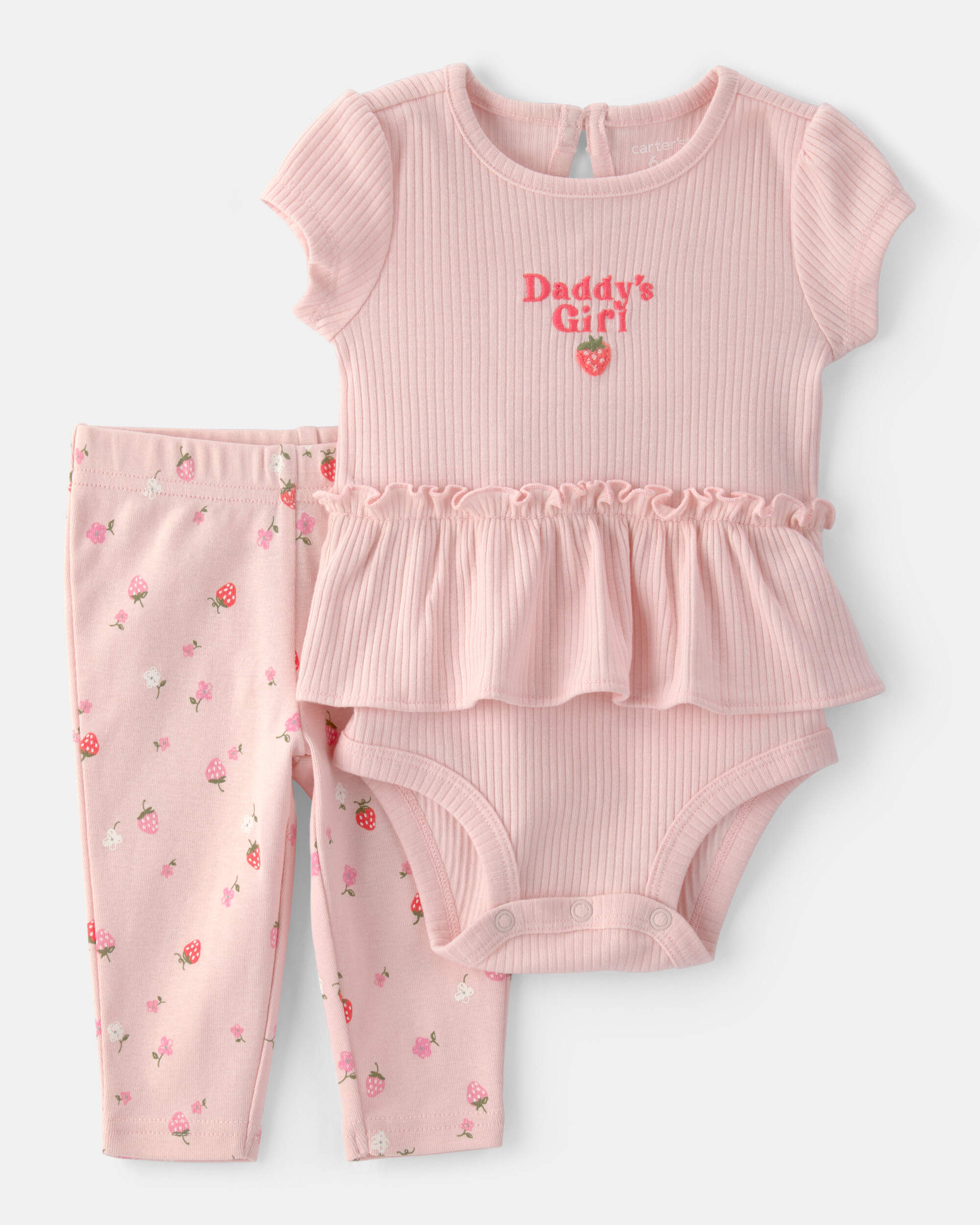 Baby Girl Fruit Print Short Sleeve Bodysuit & Pant Set - Pink