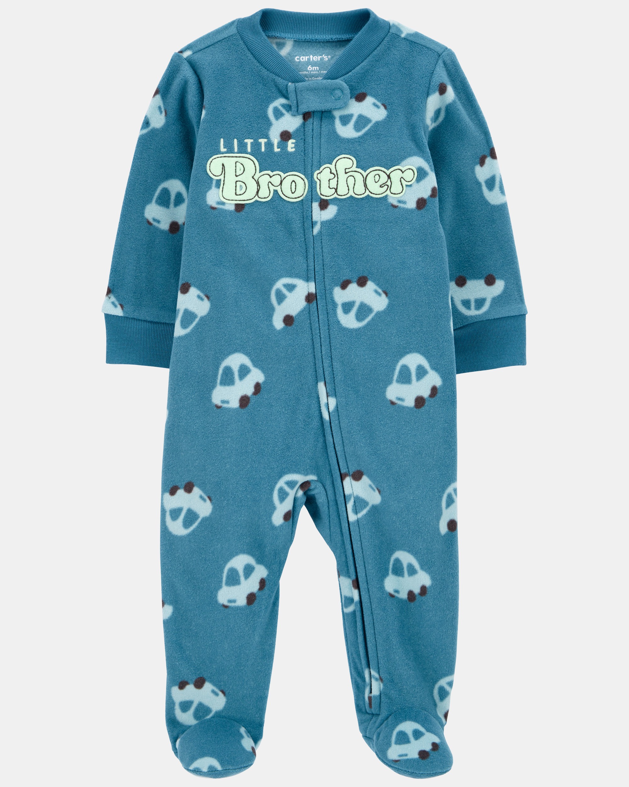 Baby Boy Little Brother Fleece Zip-Up Sleeper - Blue