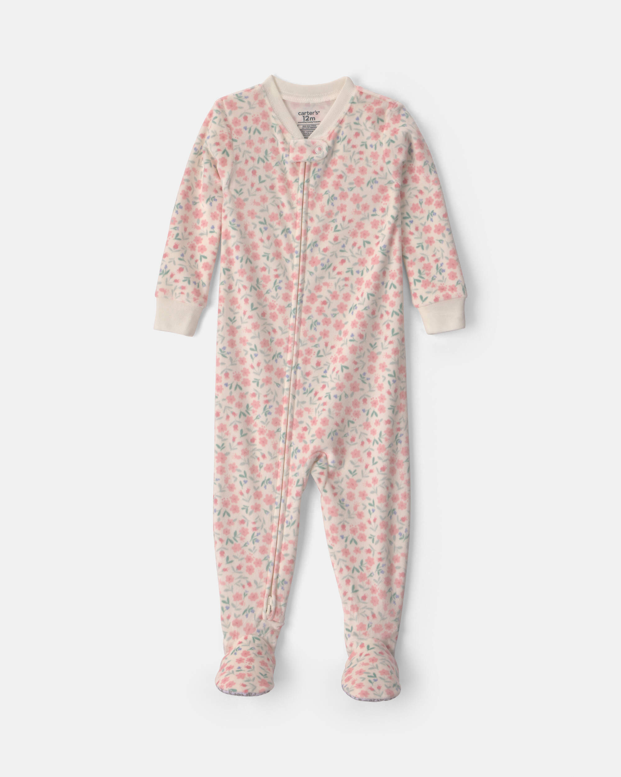 Baby Girl 1-Piece Floral 2-Way Zip DreamPlush Snug Fit Footed Pyjama - Cream