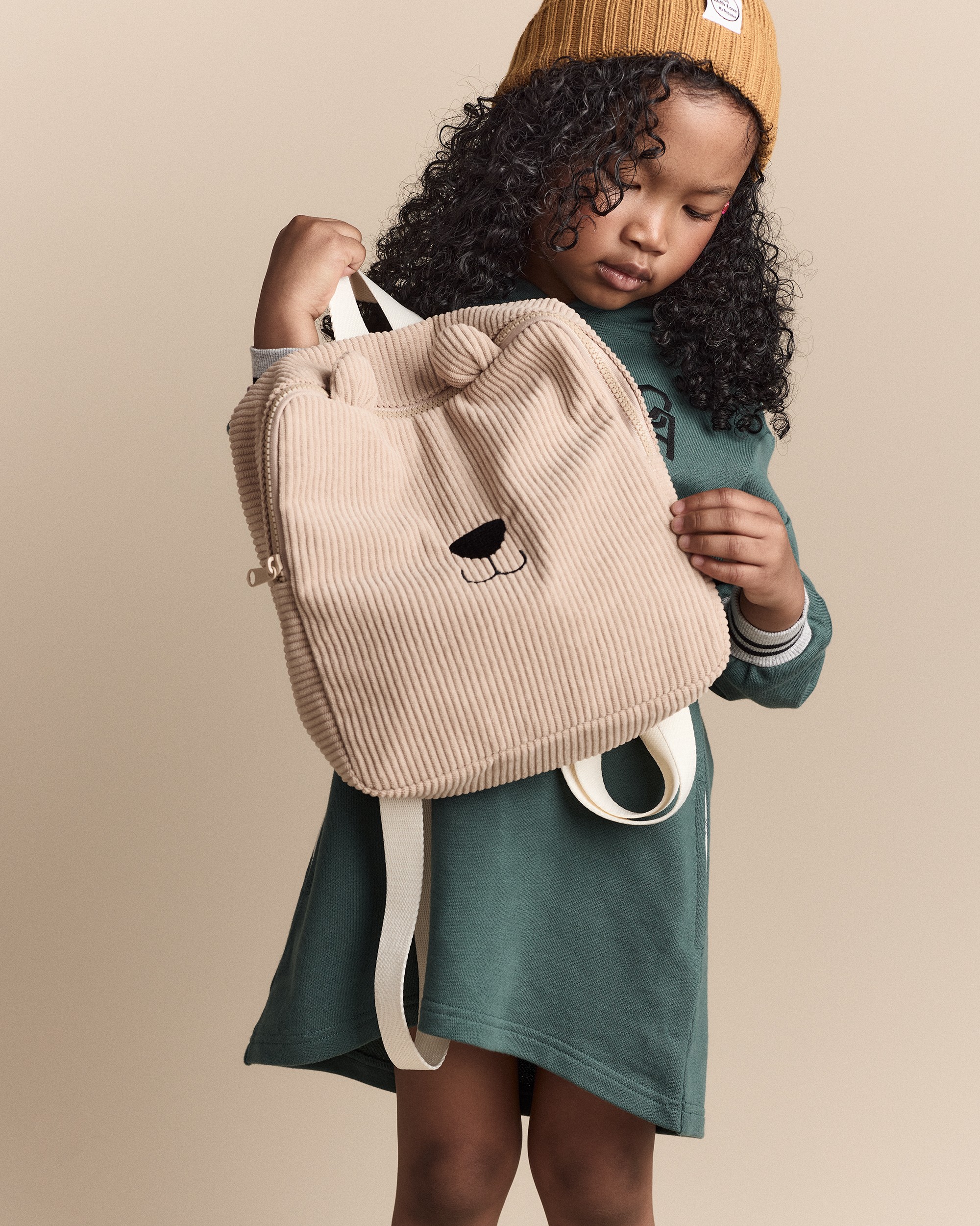 Bear Corduroy Square Backpack - Tan