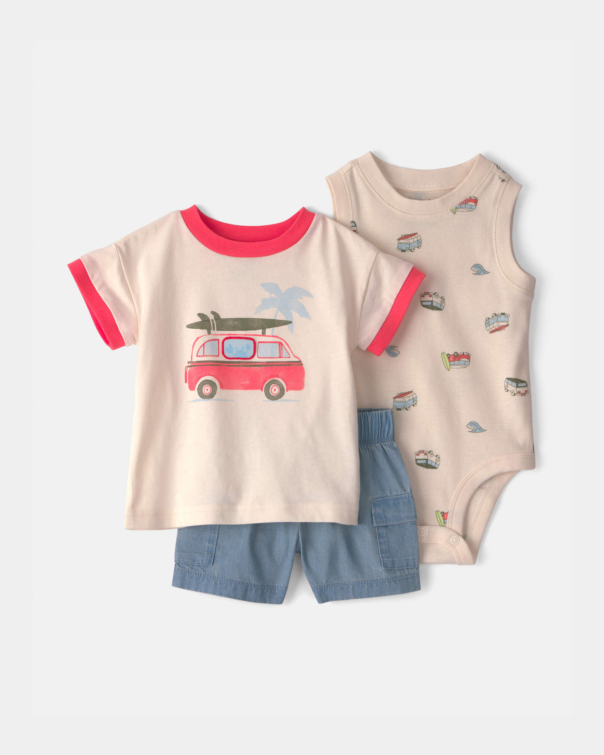 Baby Boy 3-Piece Beach Surf Top, Bodysuit & Short Set - Blue/Cream