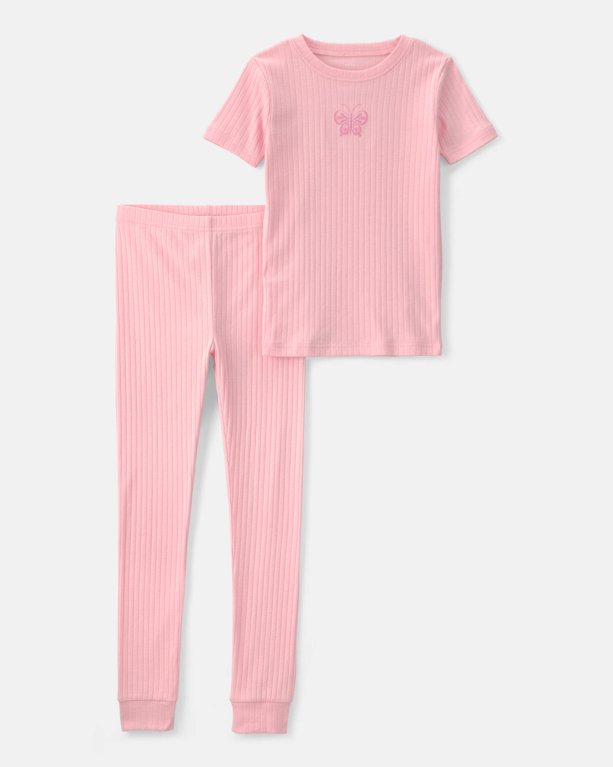 Girls Butterfly Rib Snug Fit 2-Piece Pyjama Set - Pink