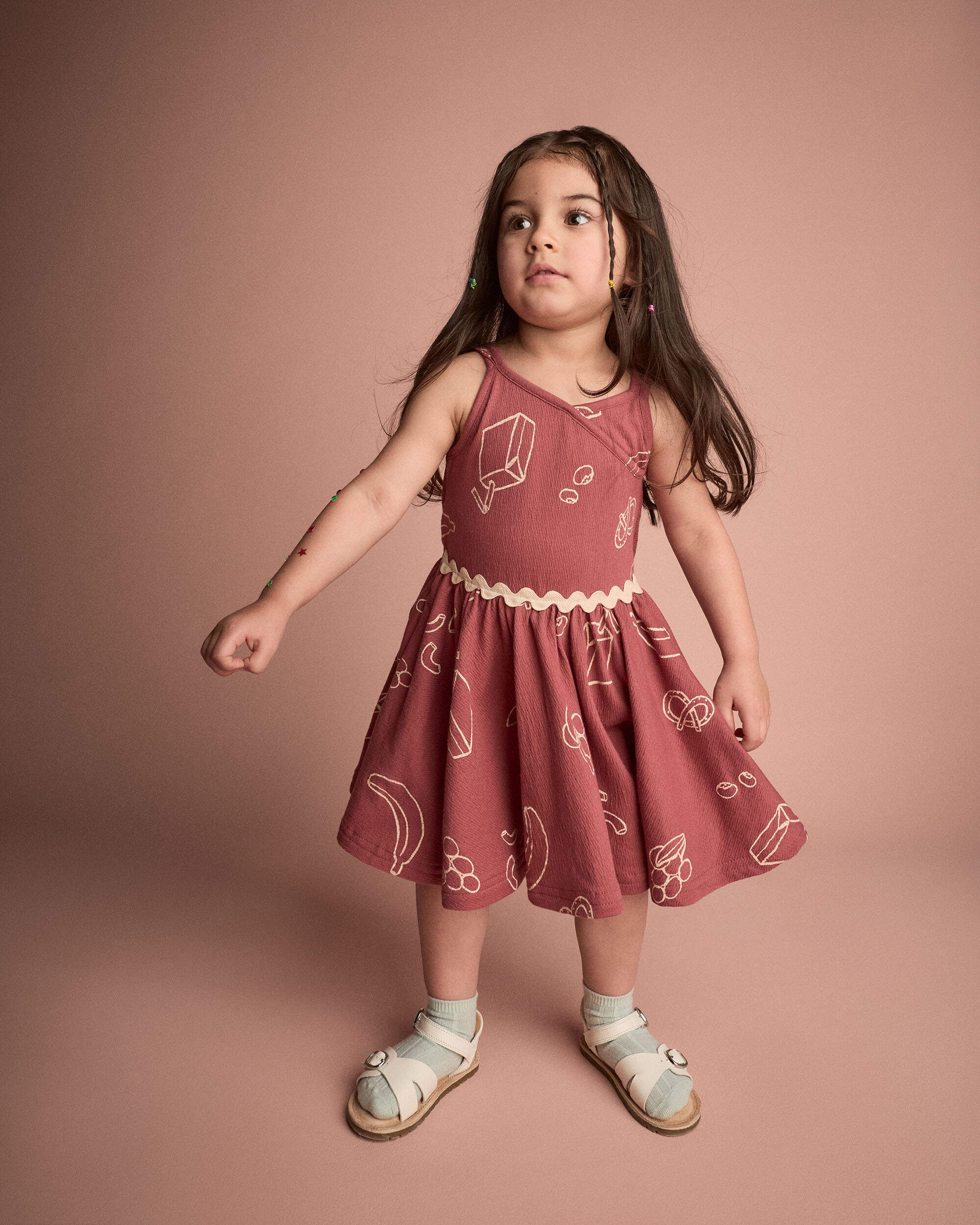 Toddler Girl Ric-Rac Crossover Dress Snack Print  - Red
