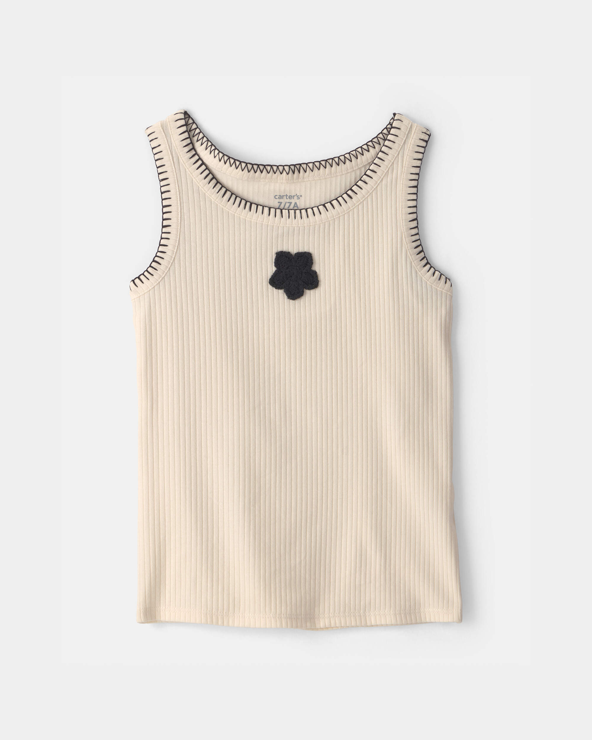 Girls Flower Embroidered Rib Tank Top - Ivory