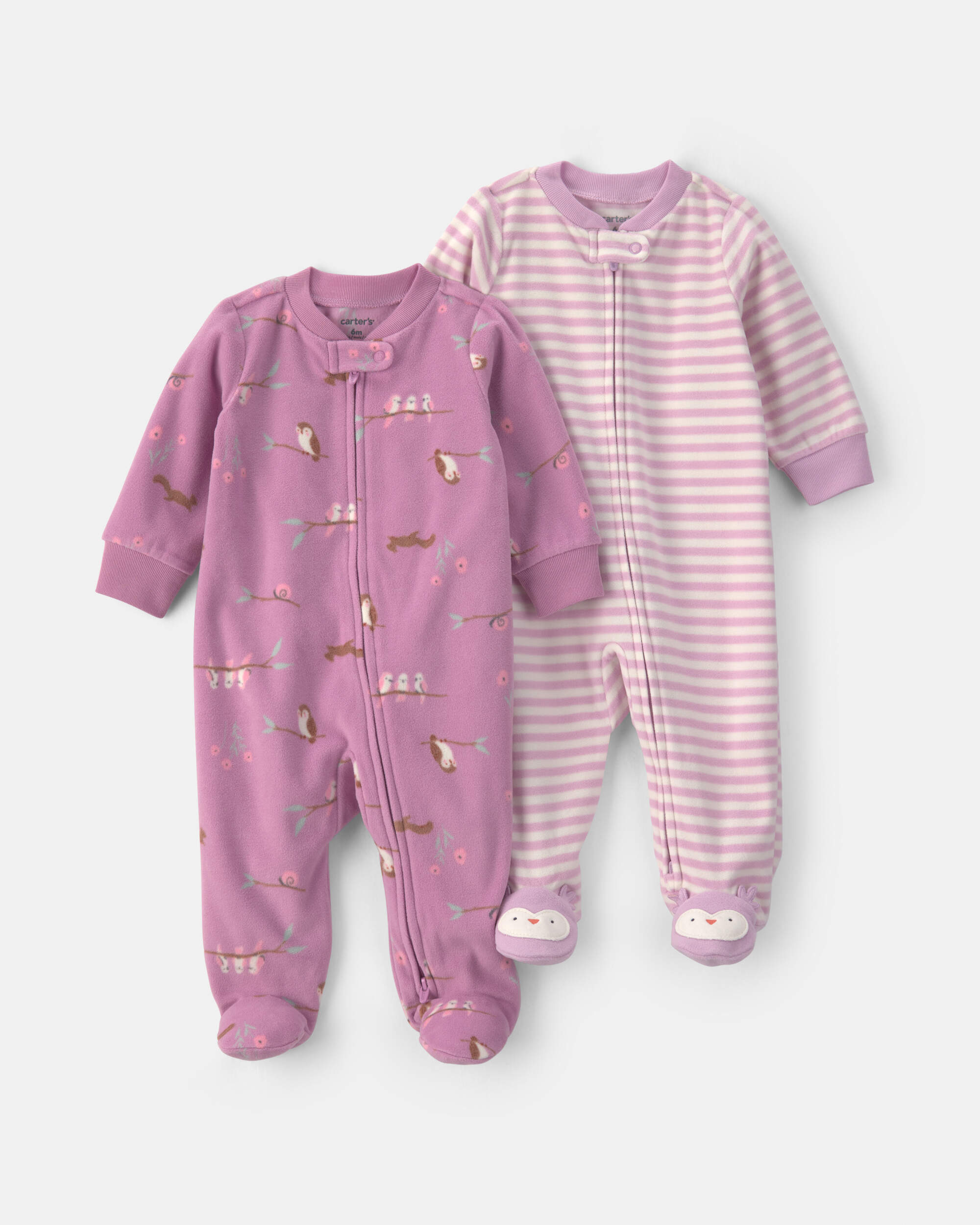 Baby Girl 2-Pack Birds Striped Fleece 2-Way Zip Sleepers - Pink