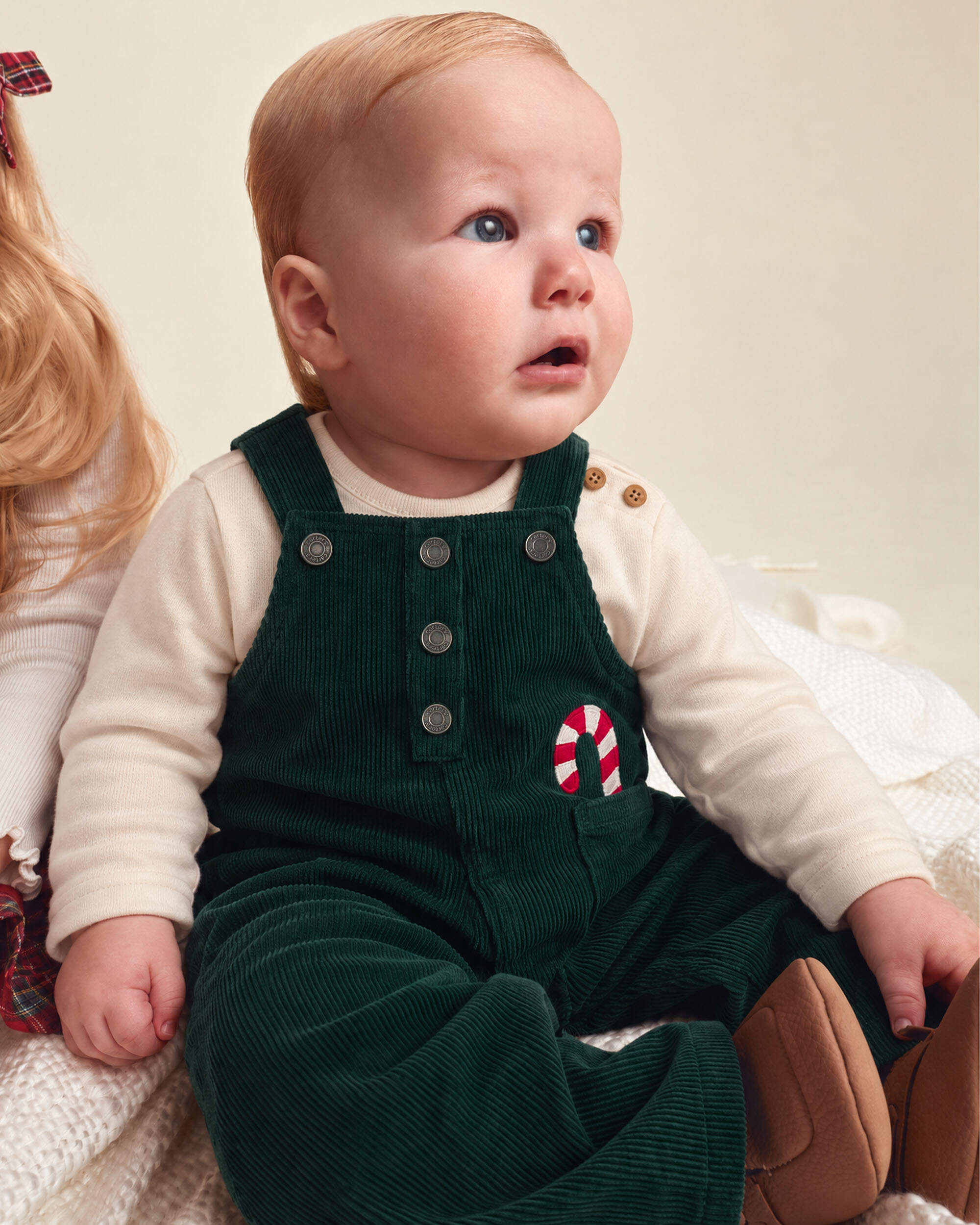 Baby Boy 2-Piece Candy Cane Corduroy Long-Sleeve Overall Set - Green/Cream