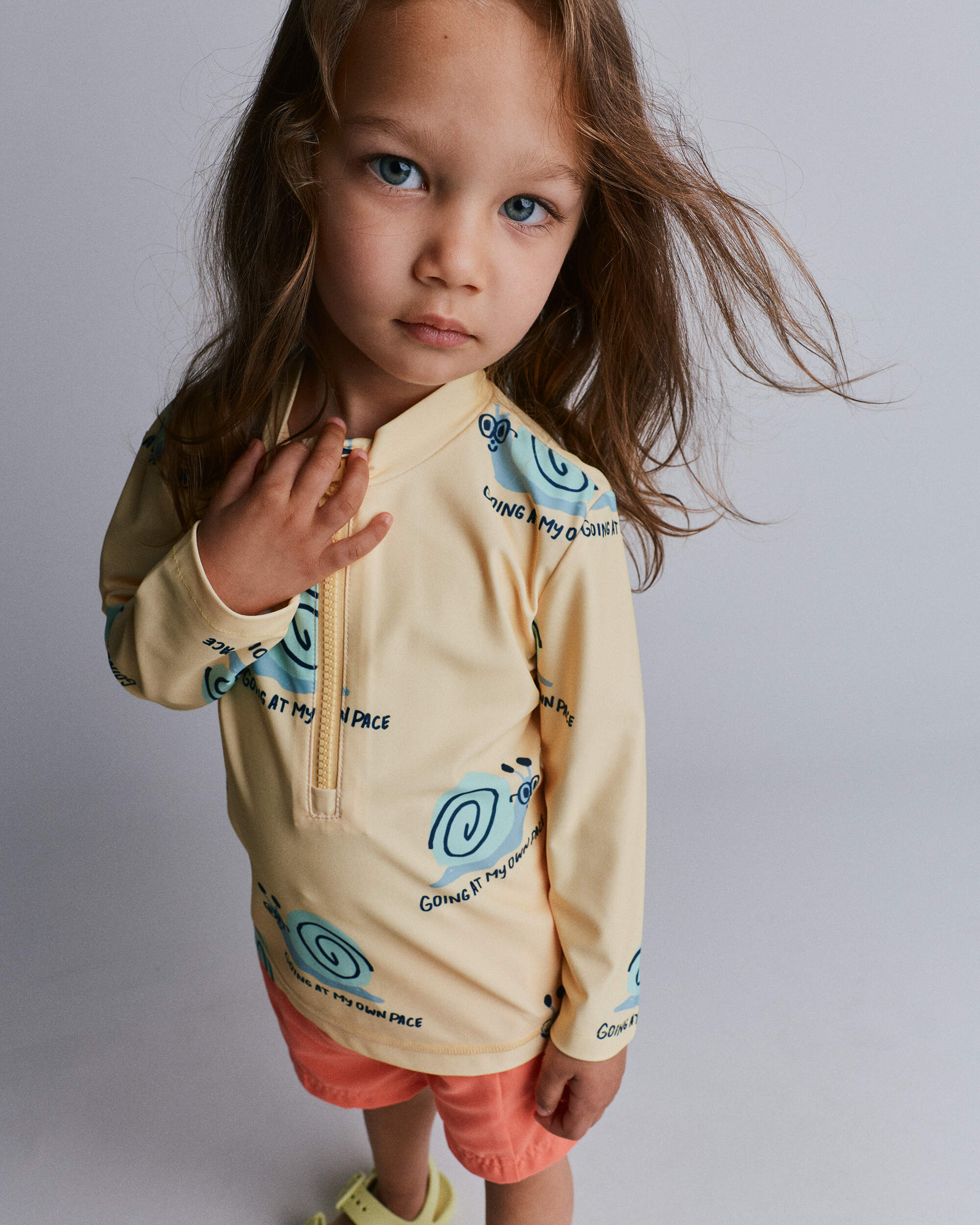 Toddler Half-Zip Long-Sleeve Rashguard Snail Print- Yellow