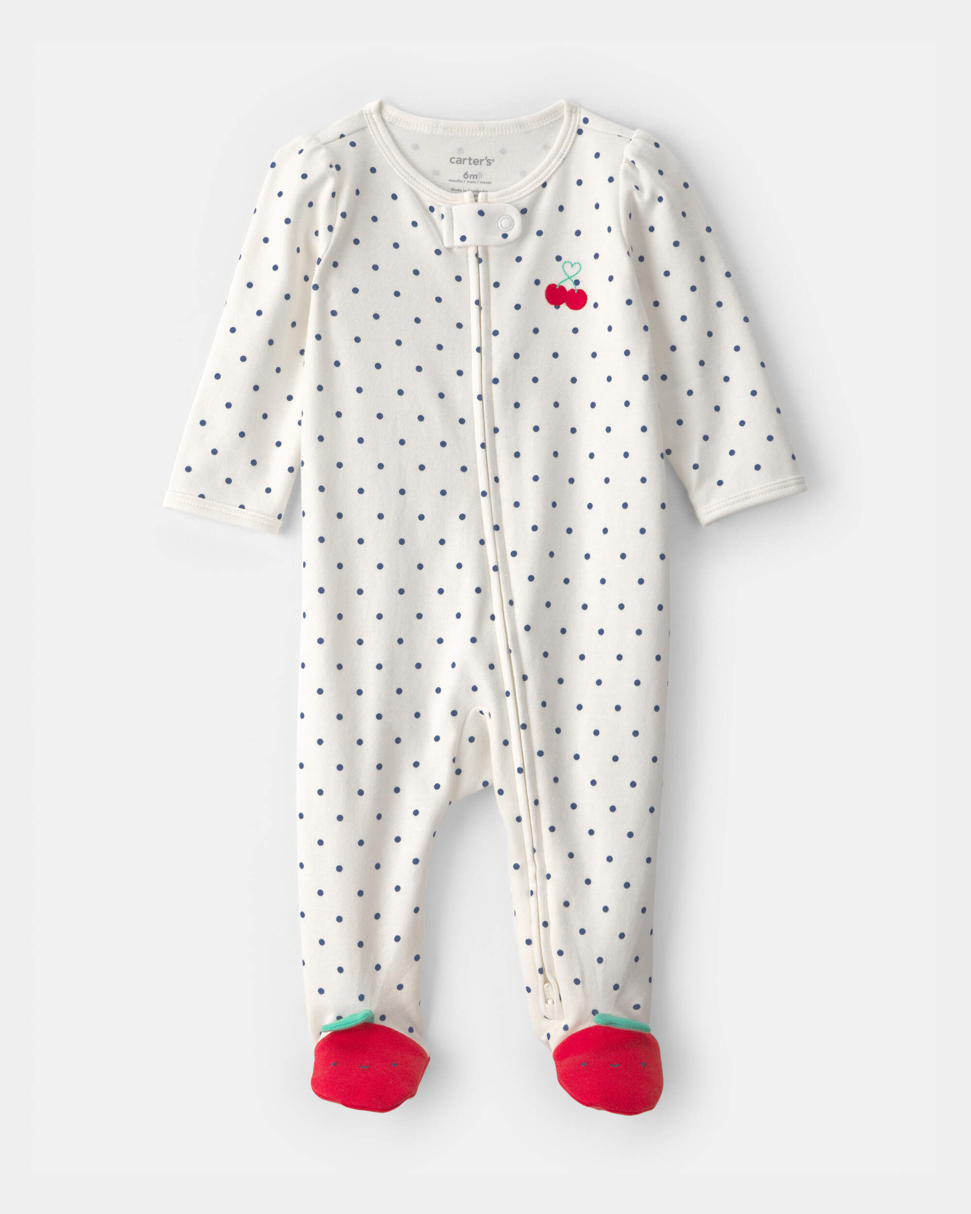 Baby Girl Cherry 2-Way Zip 100% Cotton Sleeper - White