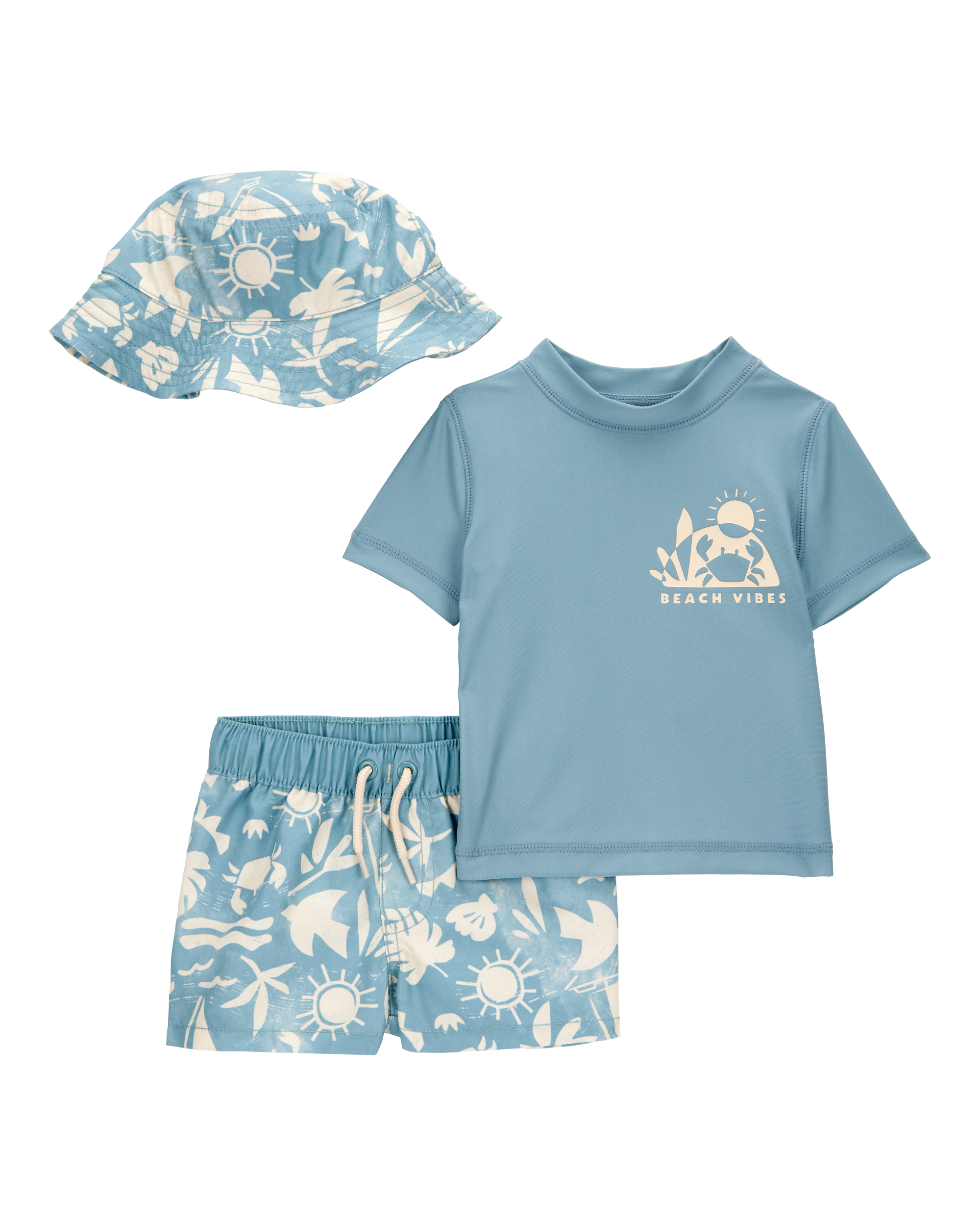 Baby 3-Piece "Beach Vibes" Rashguard Swim Trunk & Hat Set