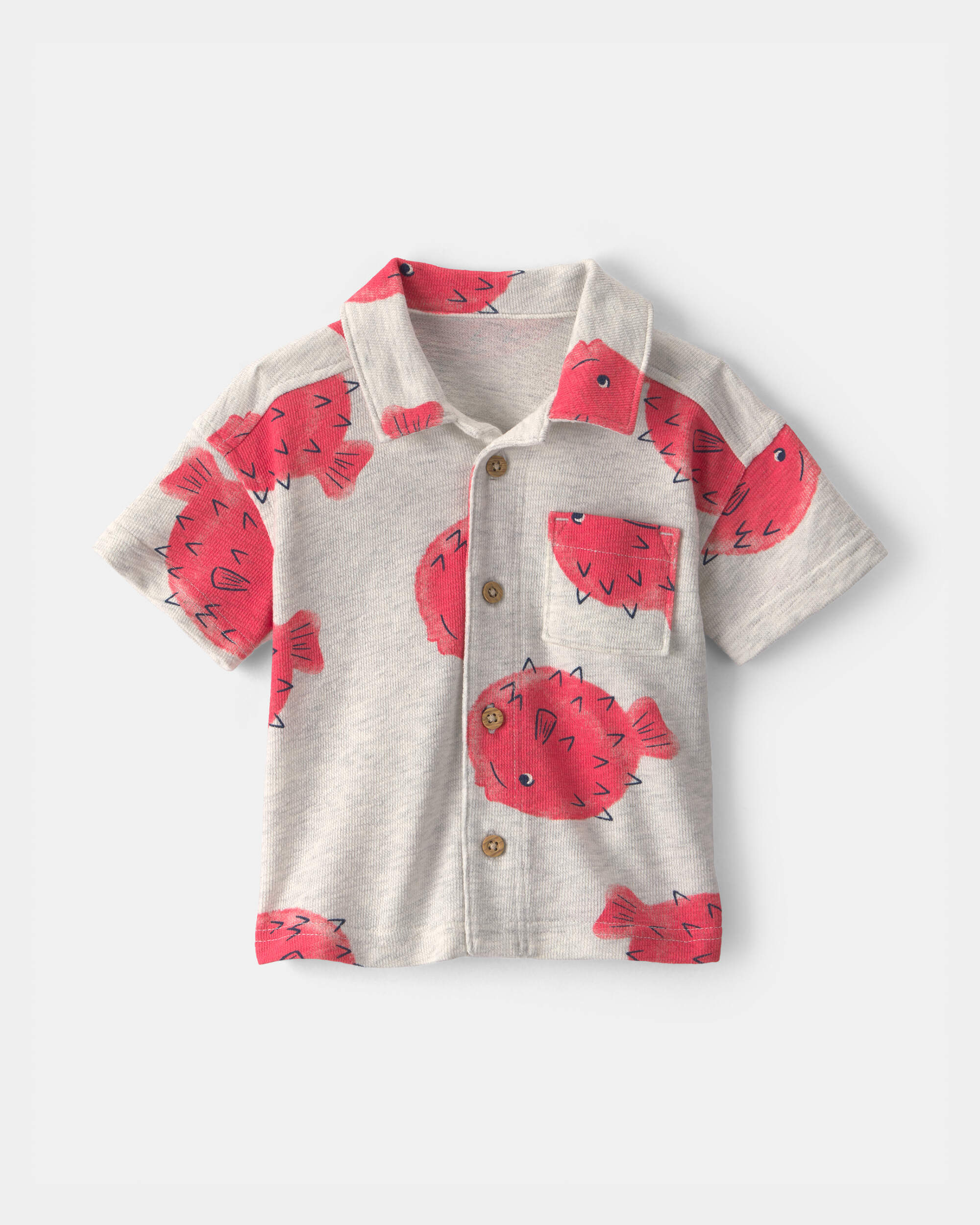 Baby Boy Pufferfish Short-Sleeve Button-Down Shirt - Grey/Red