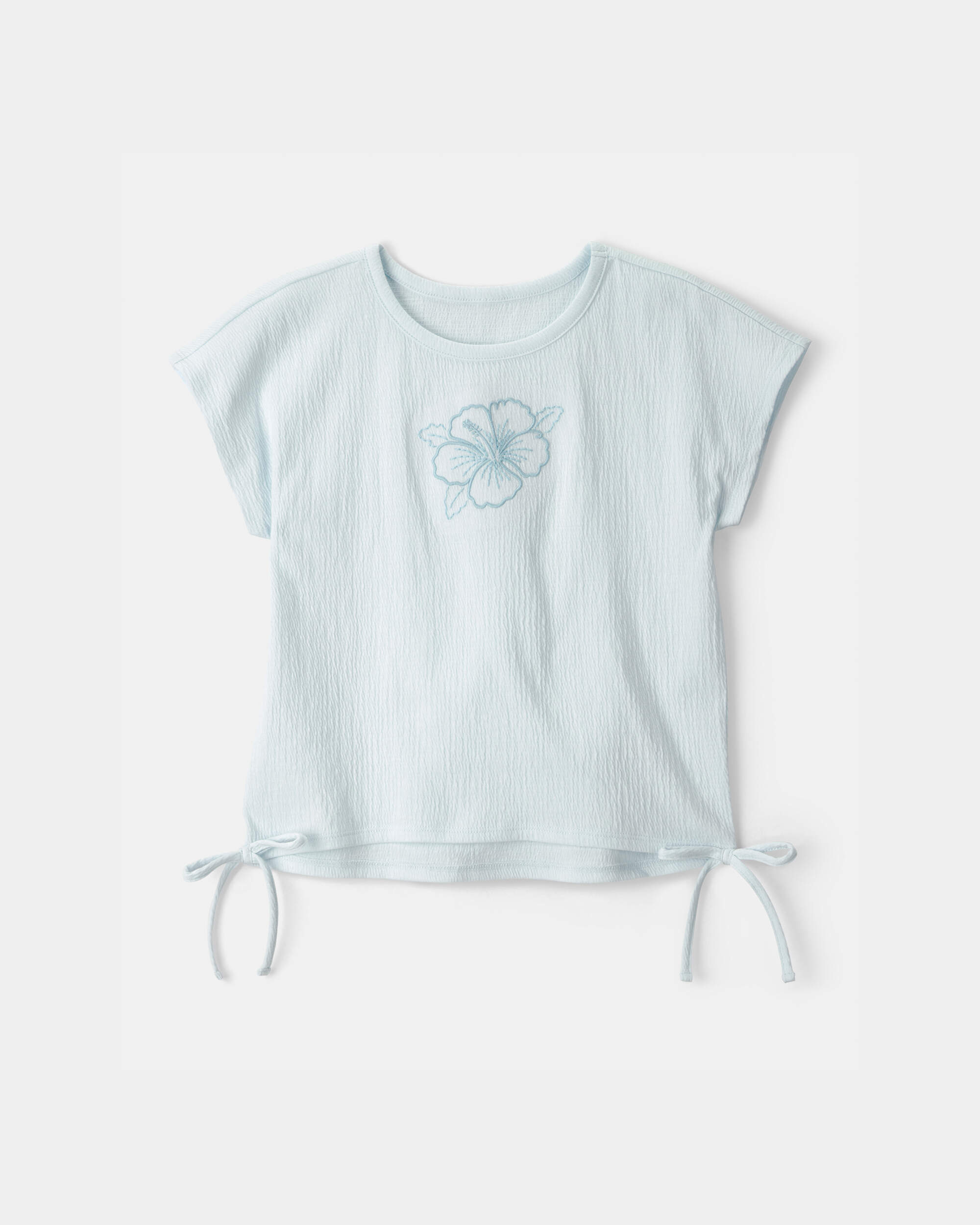 Girls Embroidered Flower Crinkle Top - Blue