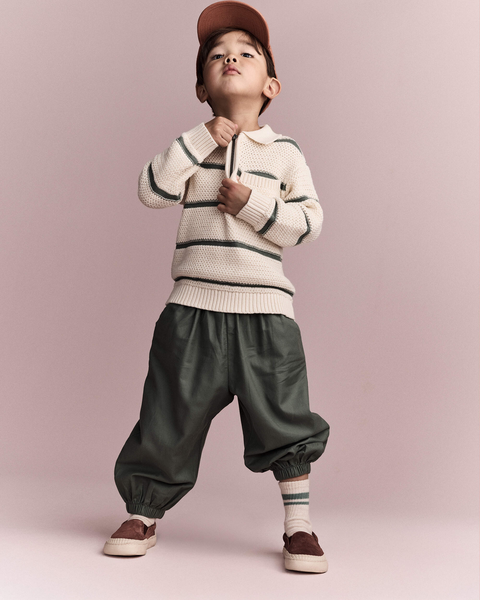 Toddler Boy Striped Quarter-Zip Sweater - Cream/Sage