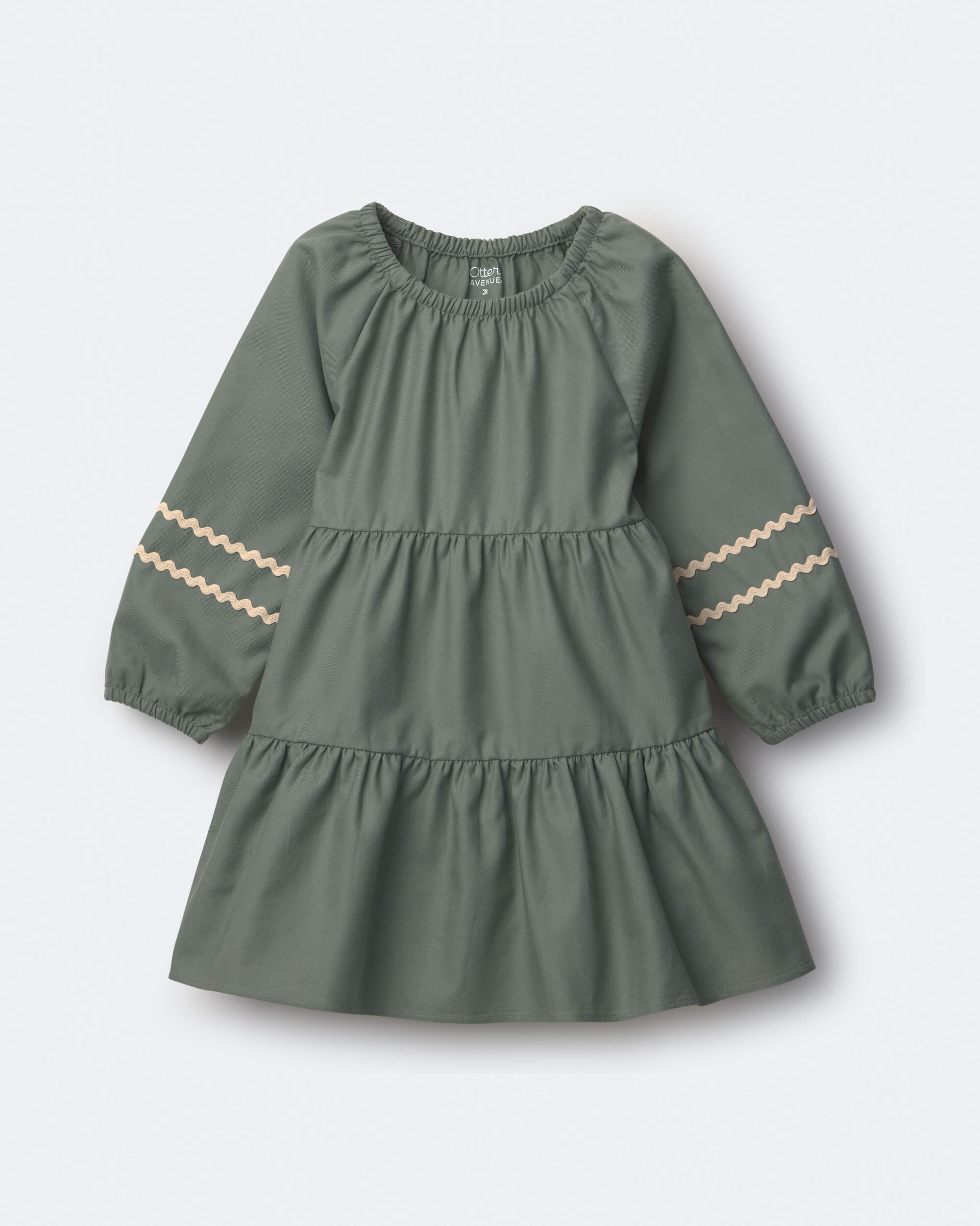 Toddler Girl Rick-Rack Long-Sleeve Tiered Dress - Olive