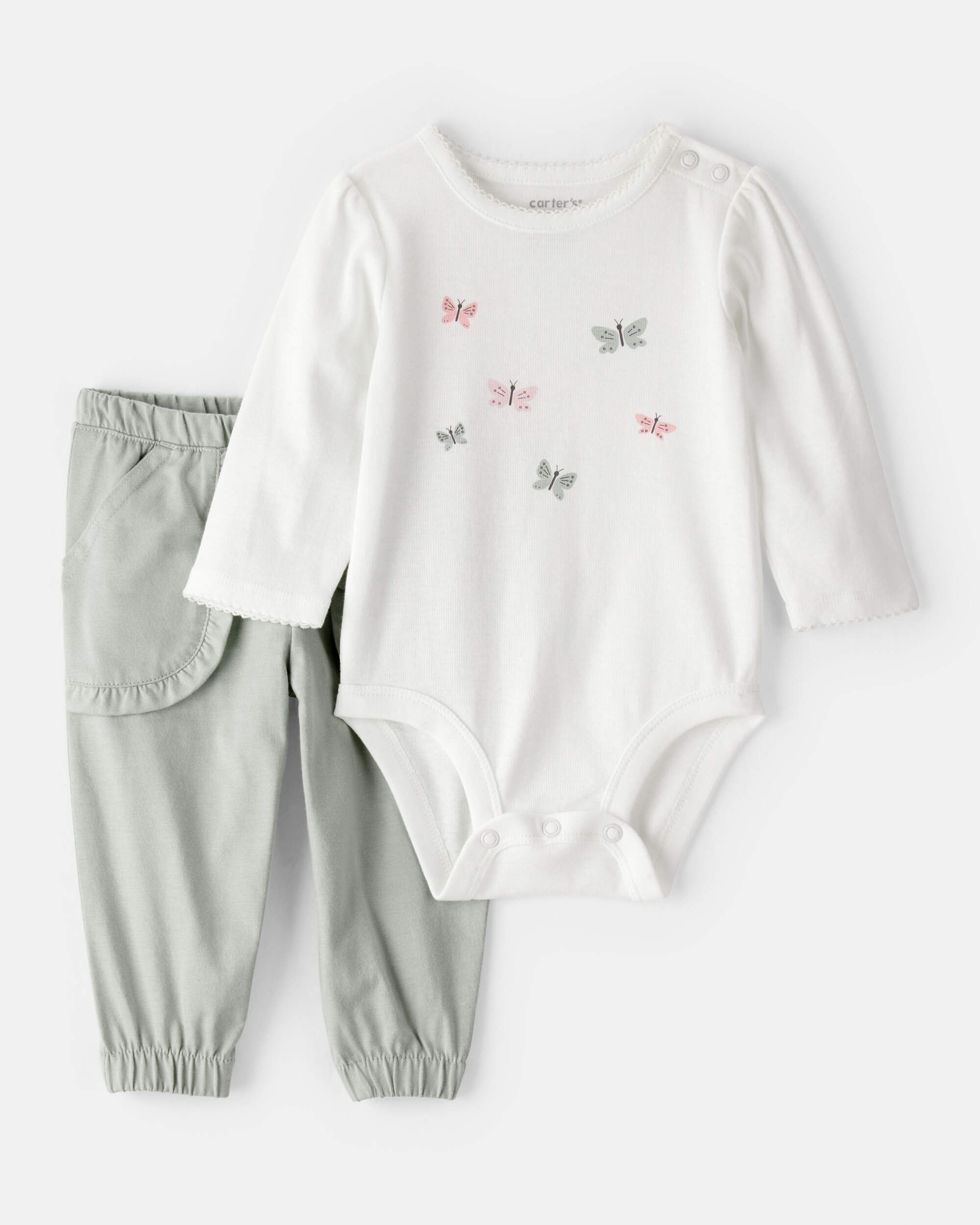 Baby Girl 2-Piece Butterfly Bodysuit & Pant Set - Green/White