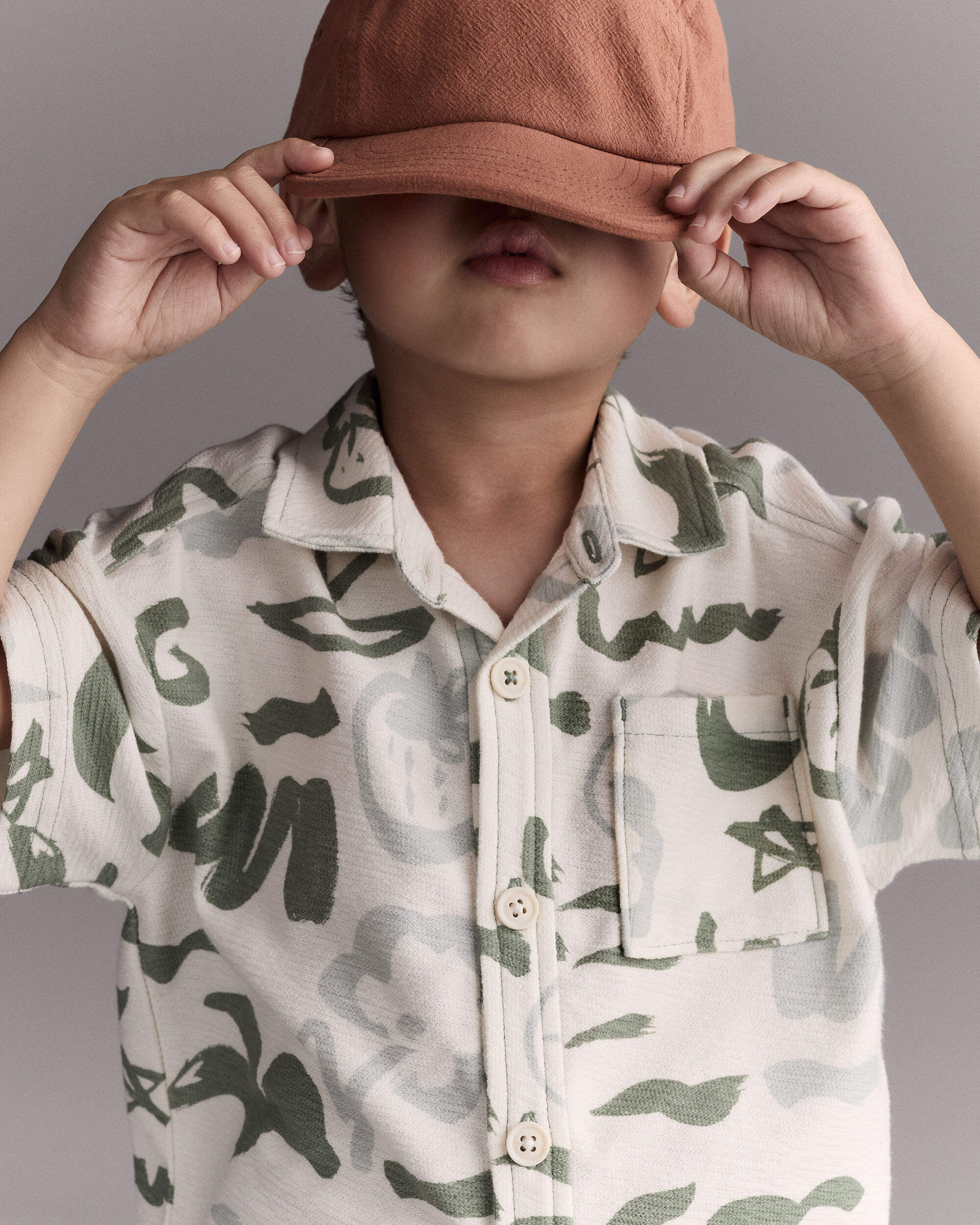 Toddler Boy Button-Down Short Sleeve Shirt Sailboat Print - Cream