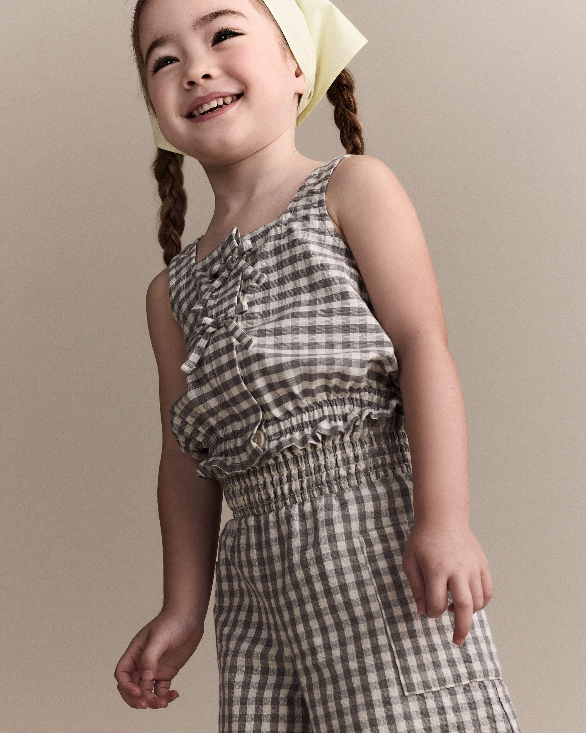 Toddler Girl Gingham Peplum Top with Bows - Cream/Grey