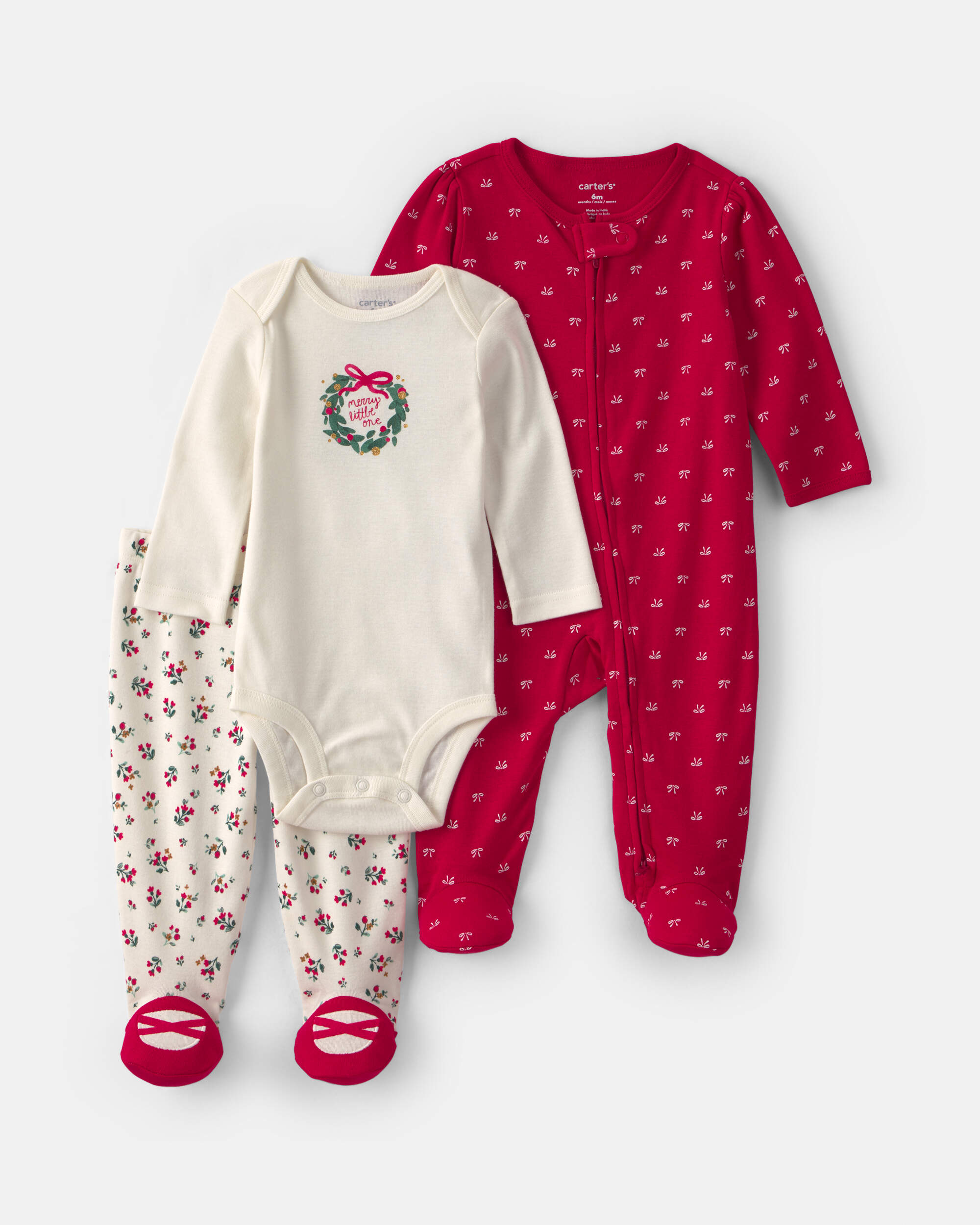 Baby Girl 3-Piece 'Merry Little One' Christmas Wreath Outfit Set - Red/Cream