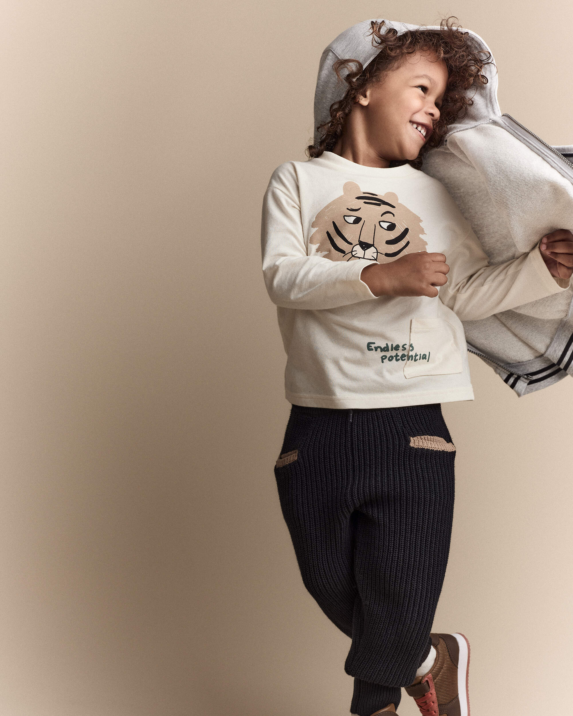 Toddler Endless Potential Tiger Long-Sleeve Pocket Graphic Tee - Cream