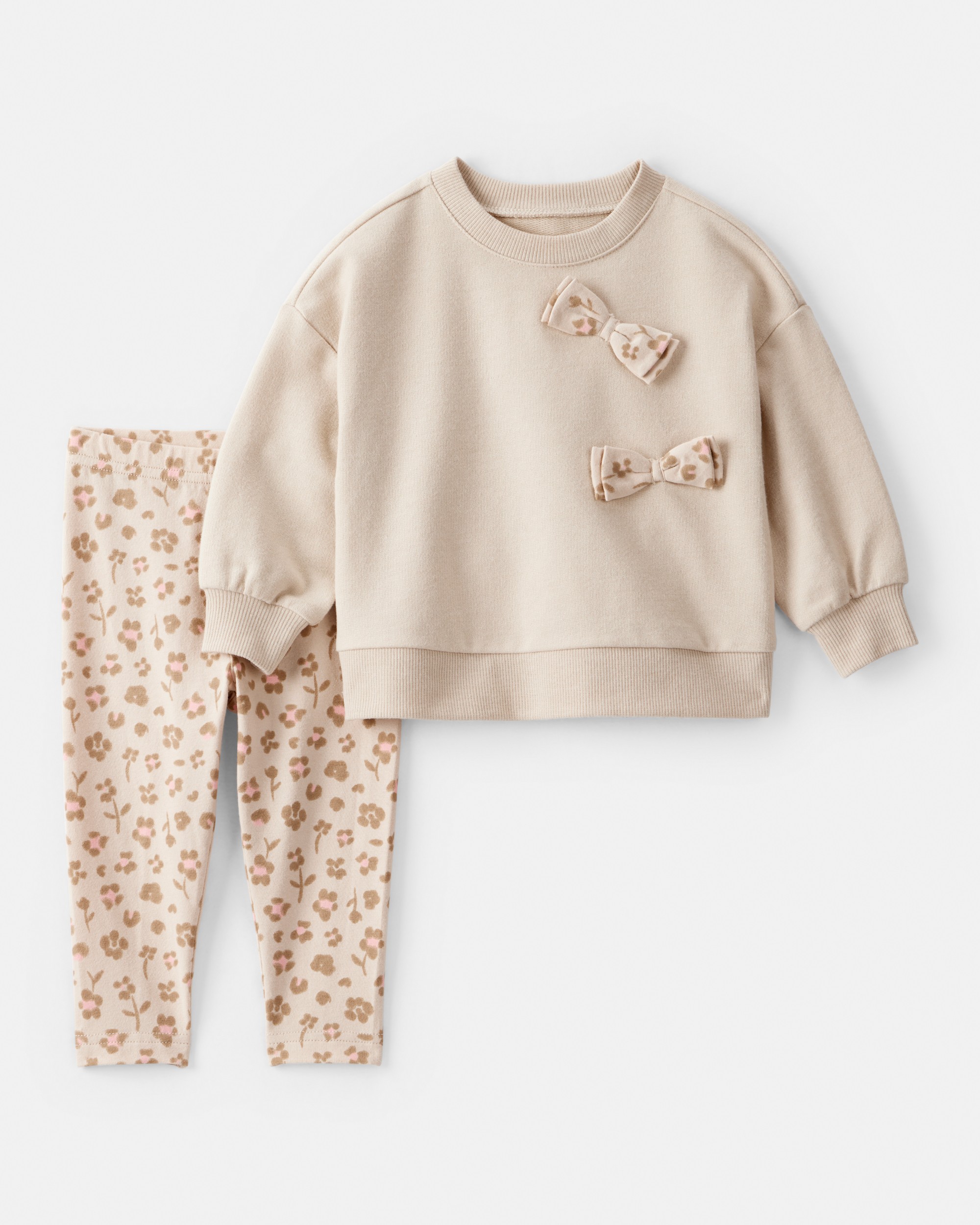 Baby Girl Bow Floral French Terry Sweatshirt & Pant Set - Beige