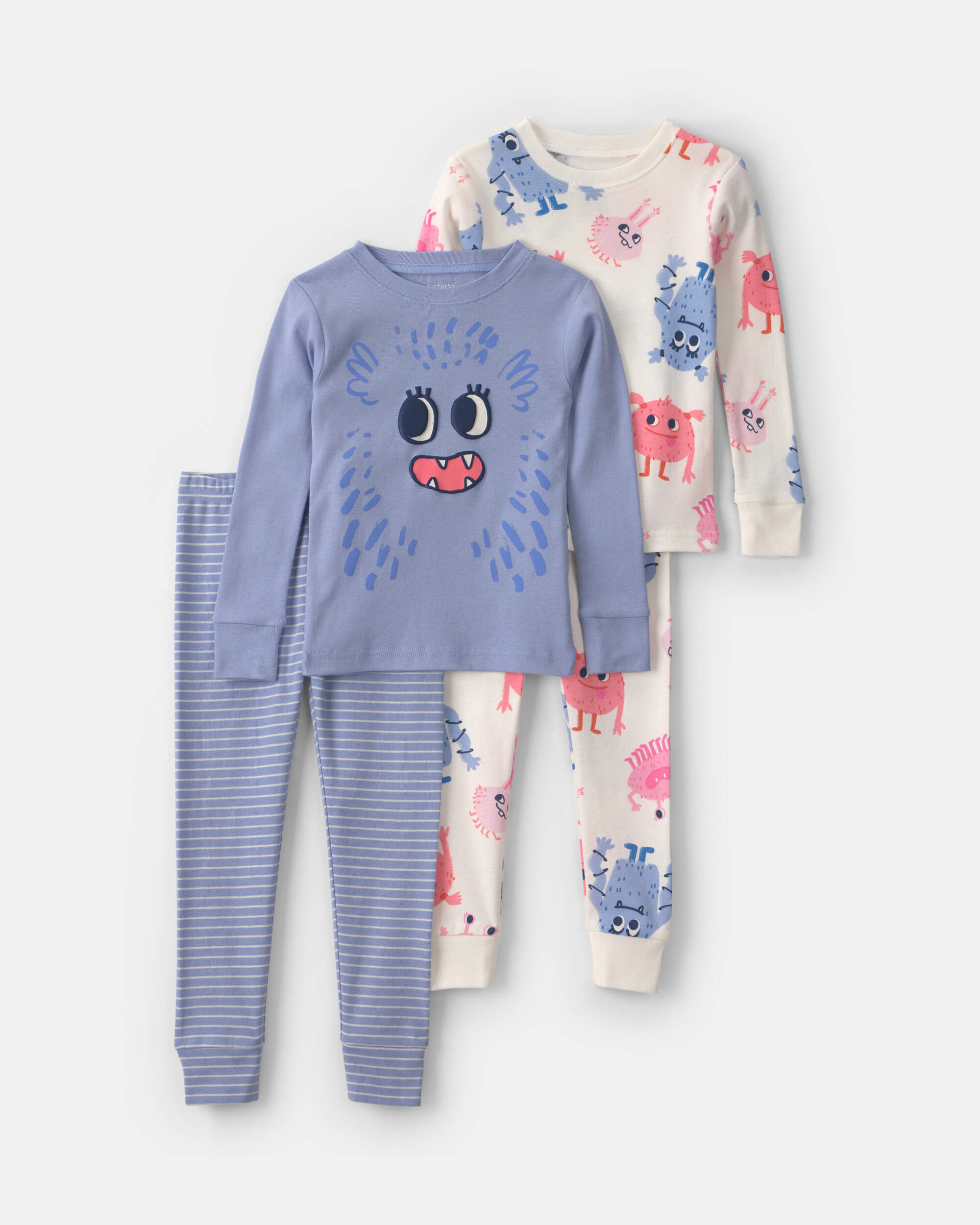 Baby Girl 4-Piece Monster 100% Cotton Snug Fit Pyjama Set - Blue/Cream