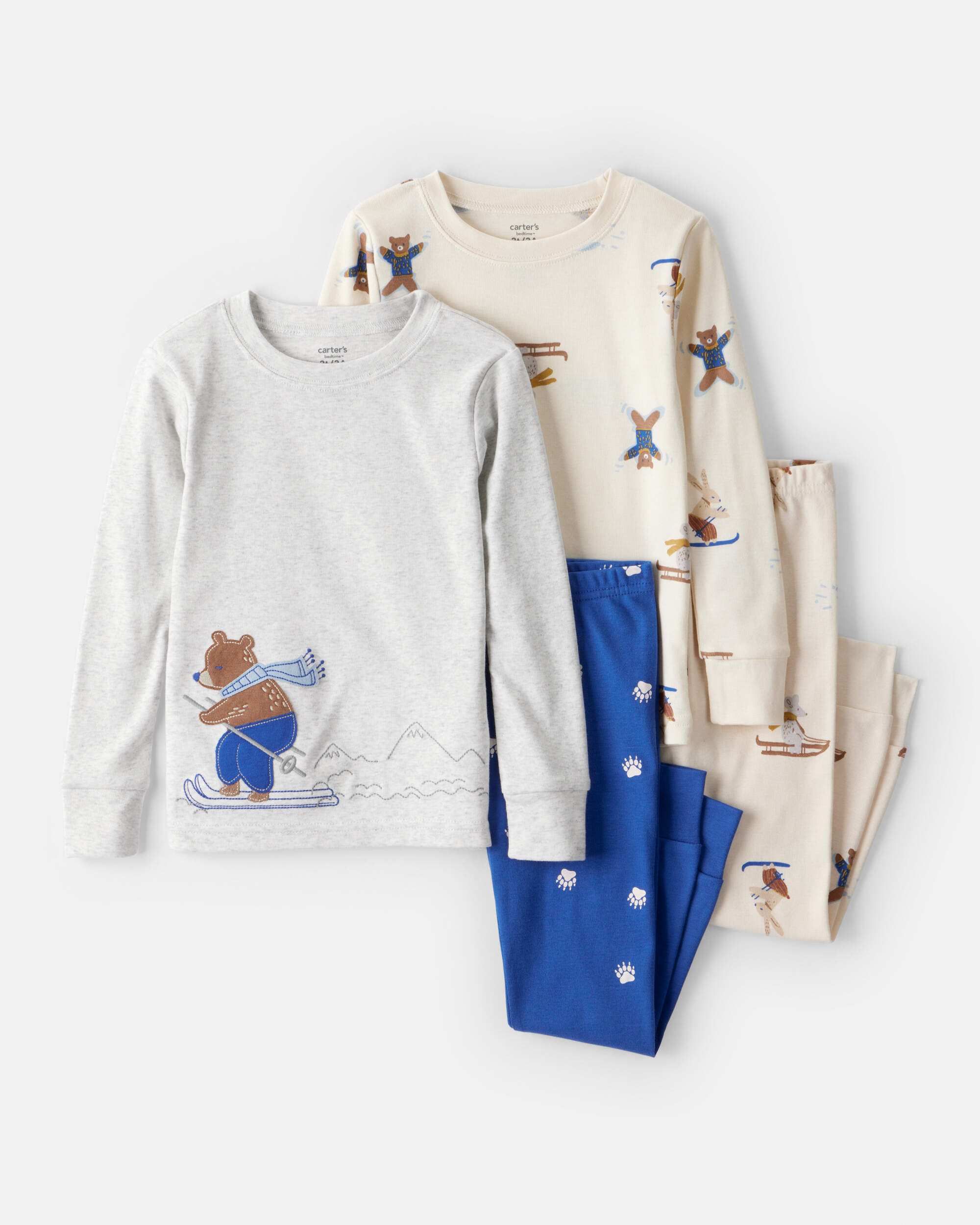 Toddler Boy Woodland Print Cotton Long-Sleeve Snug Fit 4-Piece Pyjamas - White/Blue
